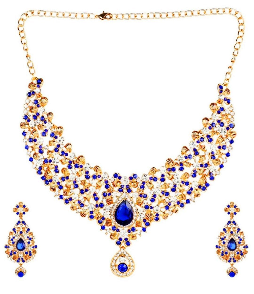 Blue Crystal Golden Plated Necklace Earrings Set