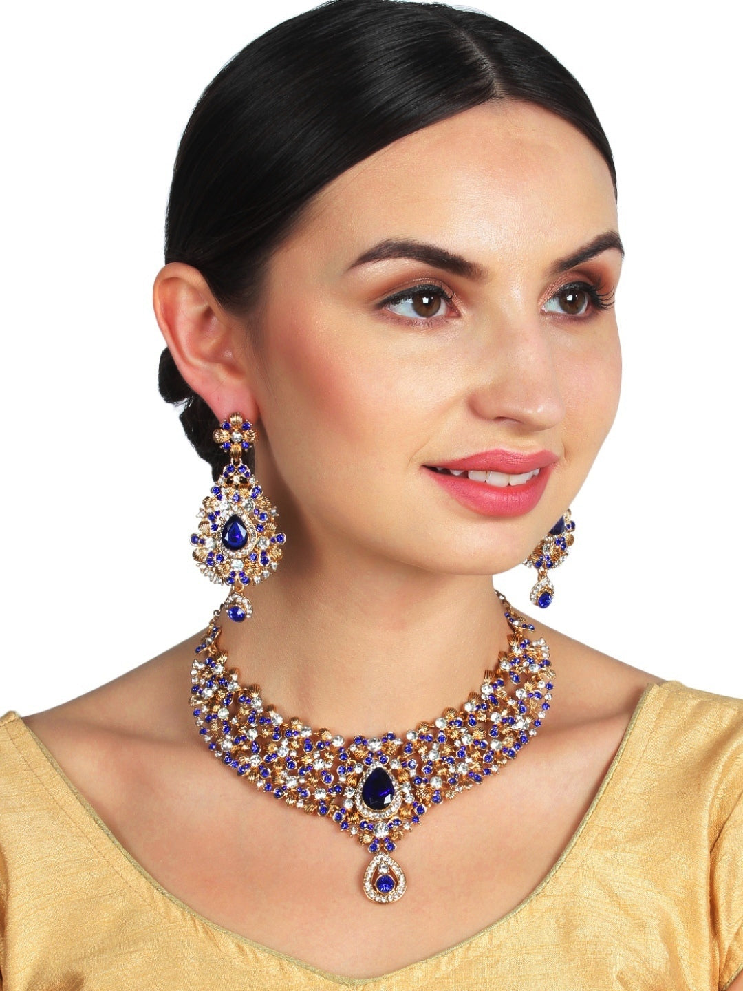 Blue Crystal Golden Plated Necklace Earrings Set