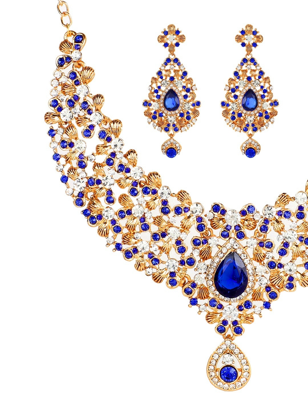 Blue Crystal Golden Plated Necklace Earrings Set