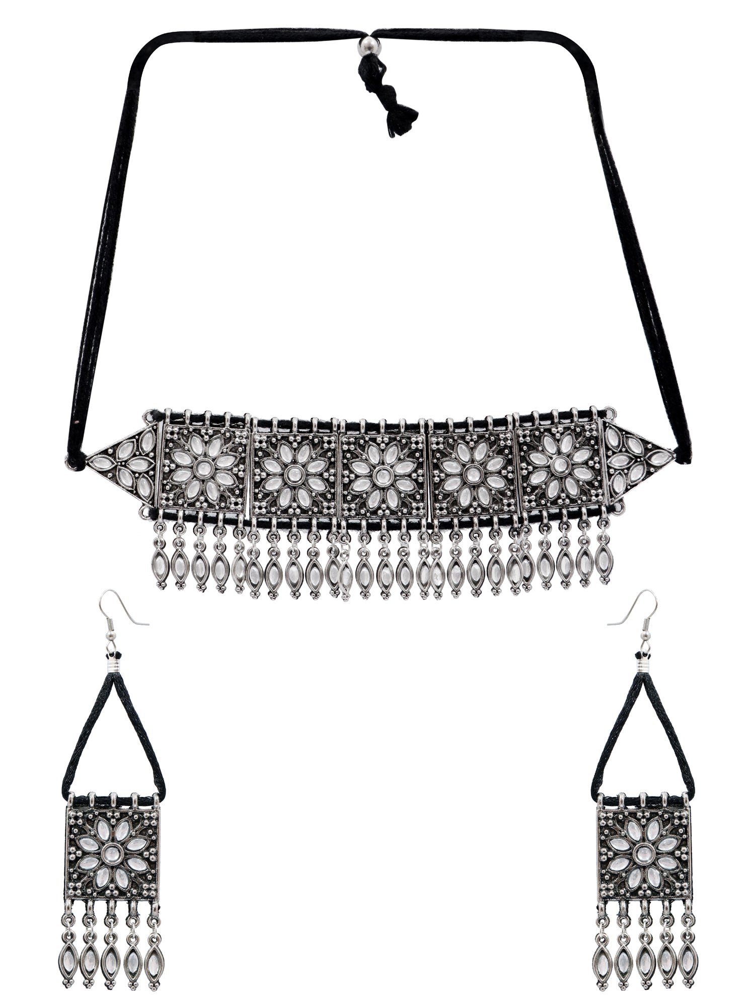 Oxidised Silve Meena Work Jewellery Set for Women