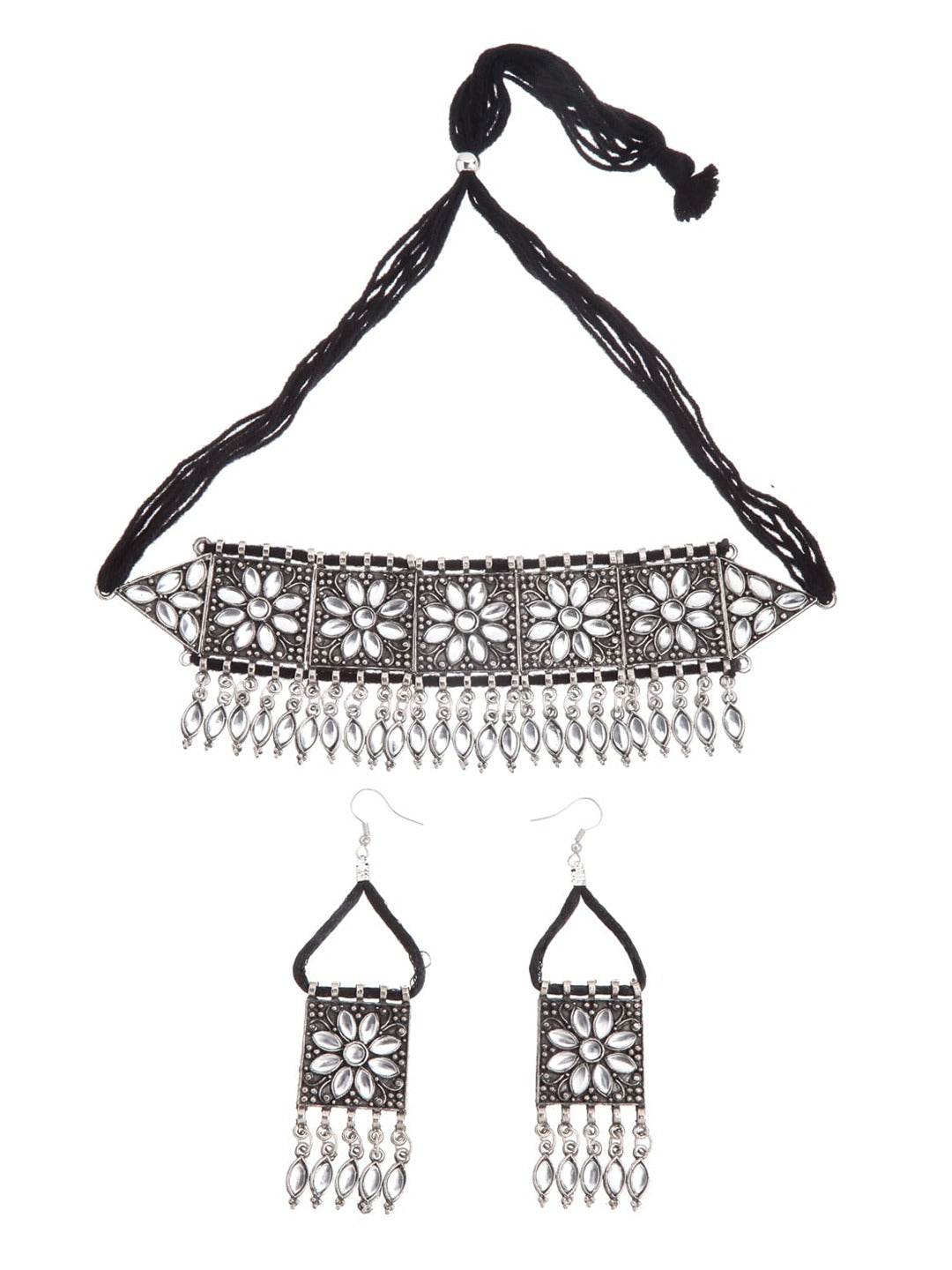 Oxidised Silve Meena Work Jewellery Set for Women