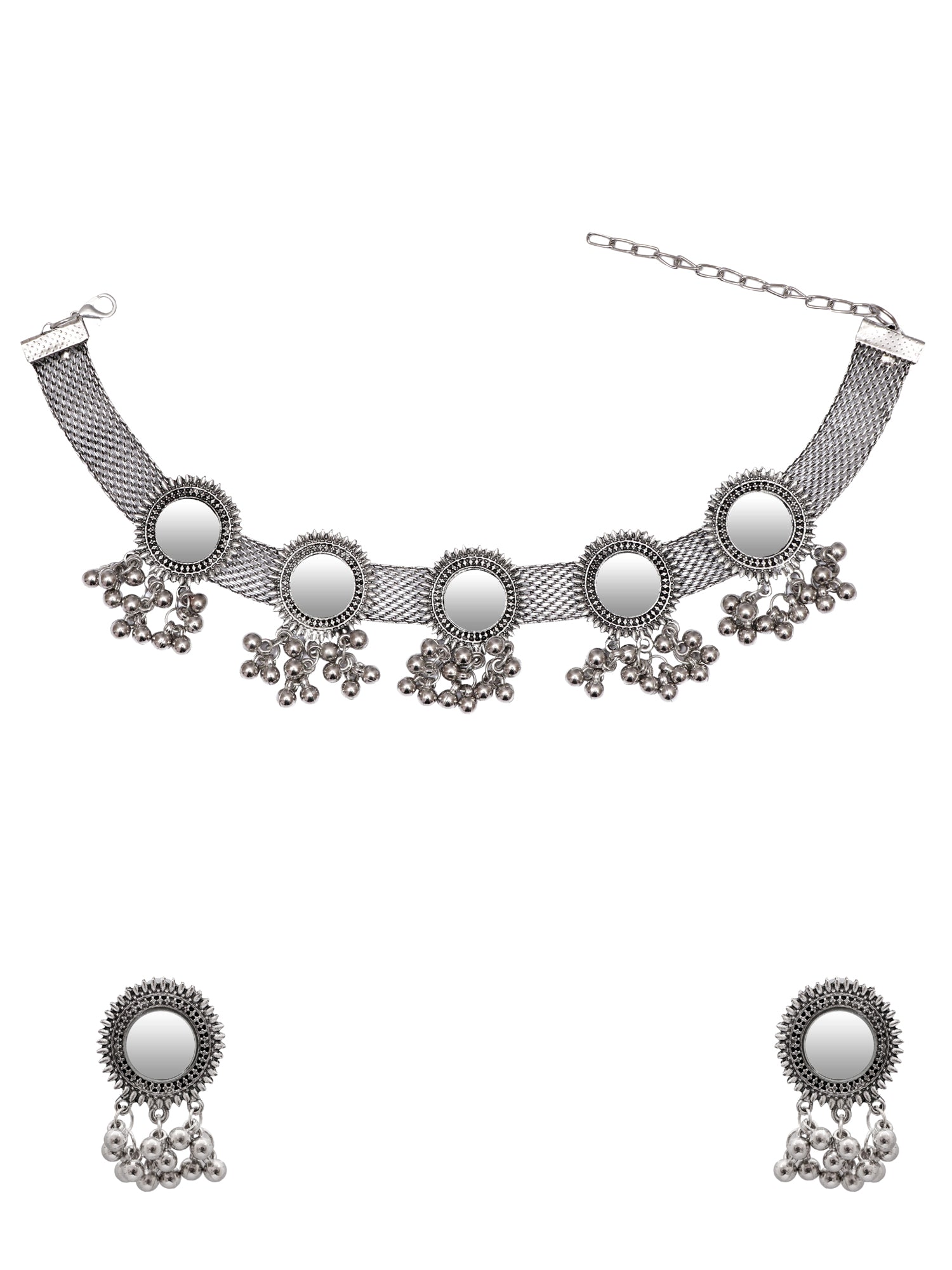 Oxidised Silver Plated Mirror Work Set: Fashionable Jewelry for Women and Girls
