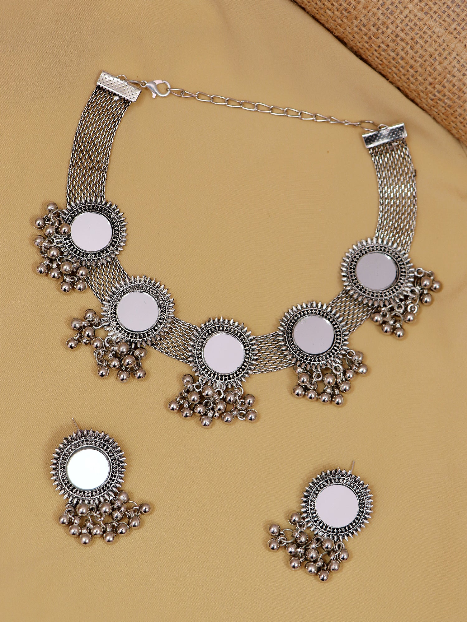 Oxidised Silver Plated Mirror Work Set: Fashionable Jewelry for Women and Girls