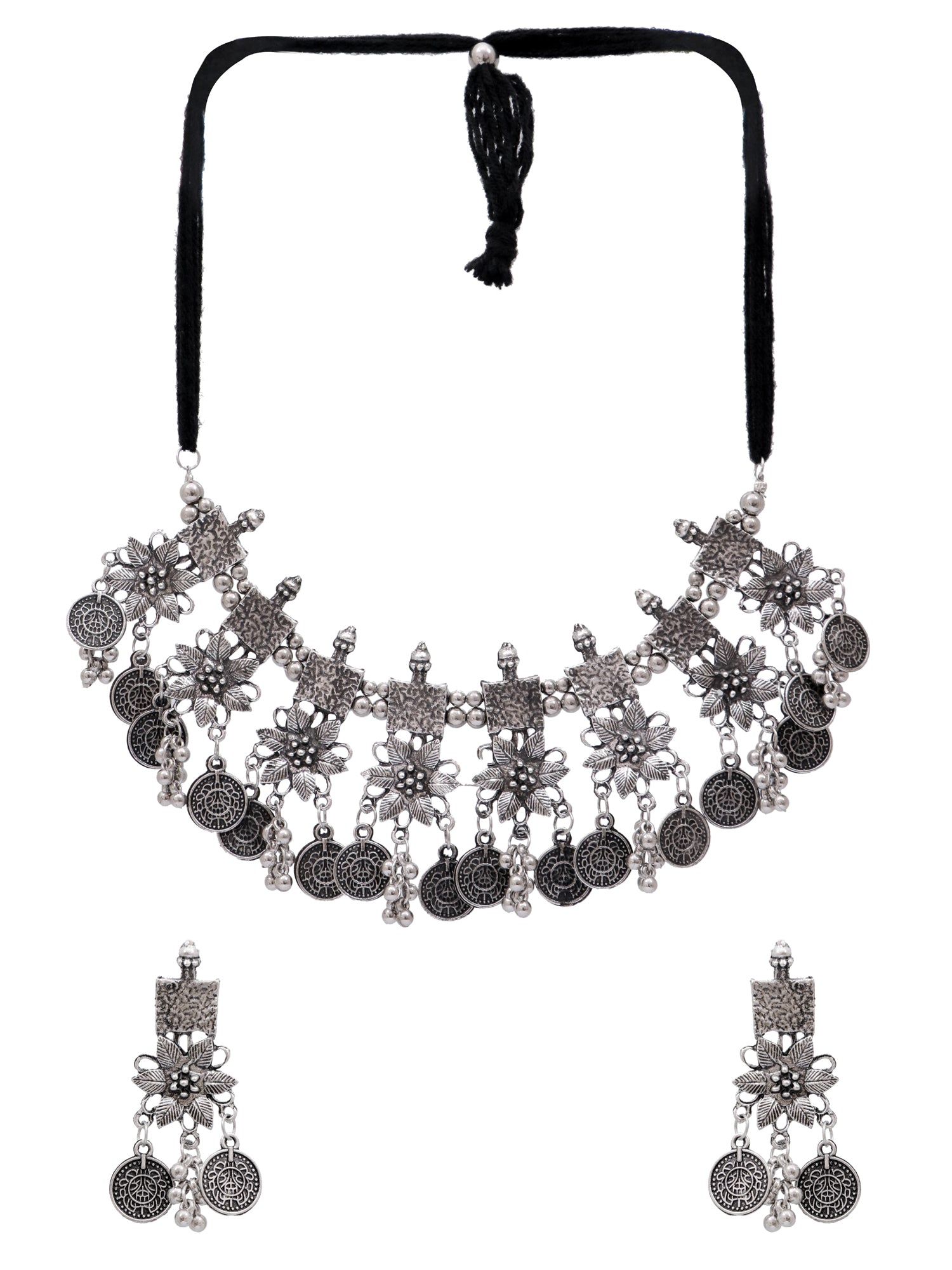 Glamorous Oxidized Silver Coin Choker Jewelry Set for Women and Girls