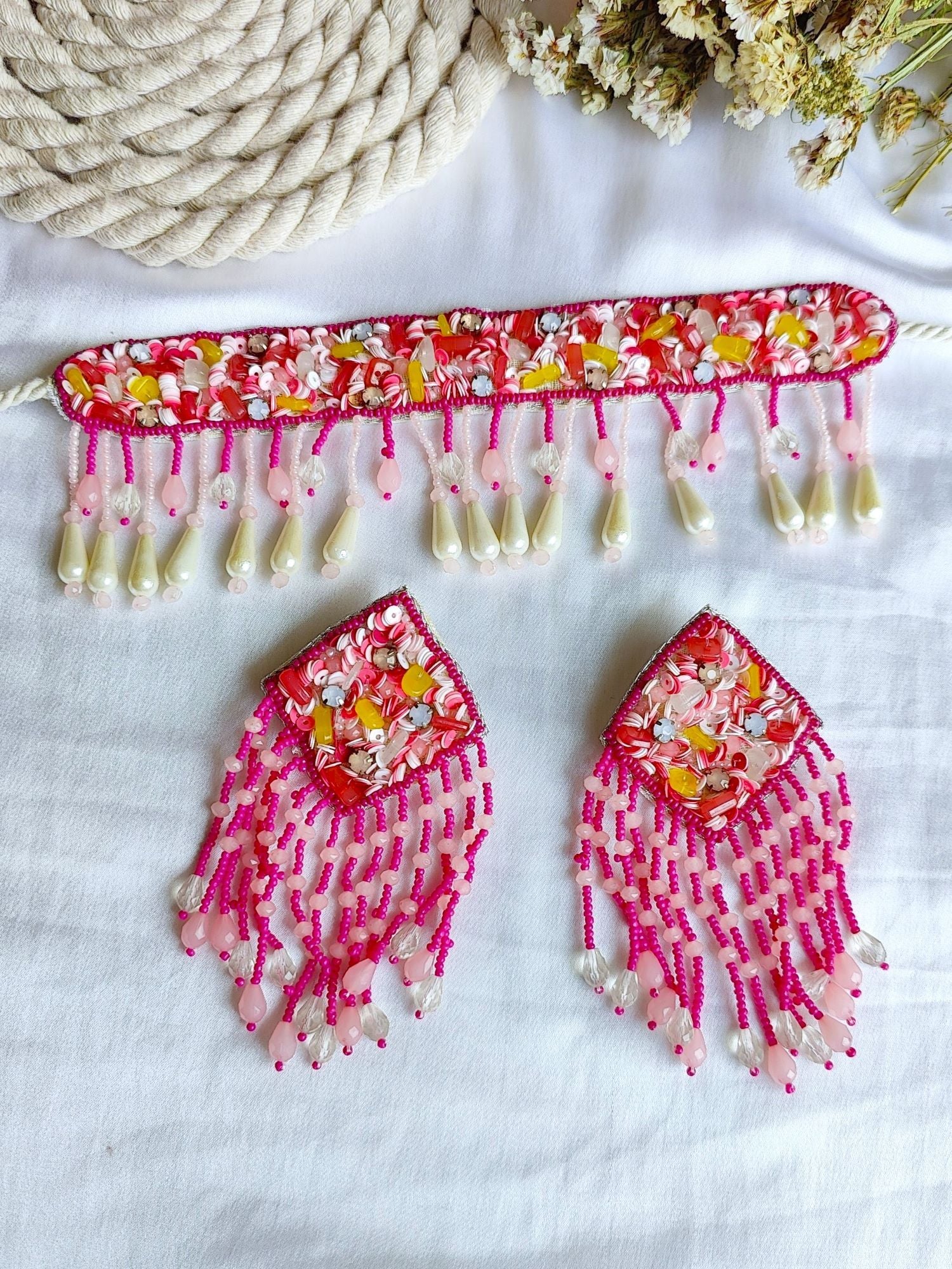 Handcrafted Pink Crystal & Pearl Ensemble - Festive & Party-Ready Jewelry Set