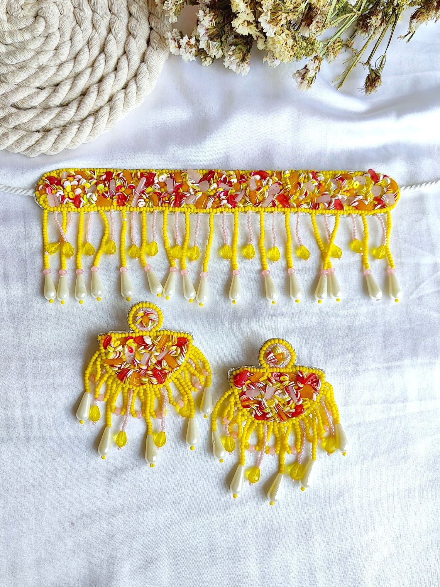 Charming Floral Deeya: Yellow-Pink Handmade Beaded Jewellery Ensemble