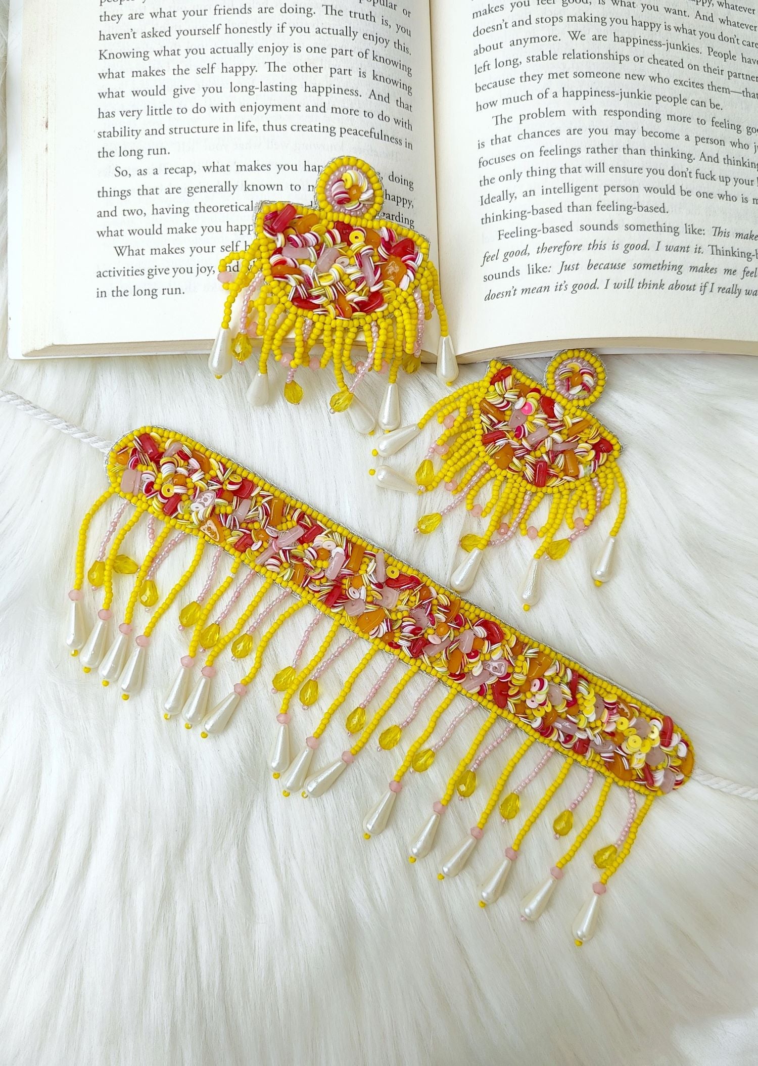 Charming Floral Deeya: Yellow-Pink Handmade Beaded Jewellery Ensemble