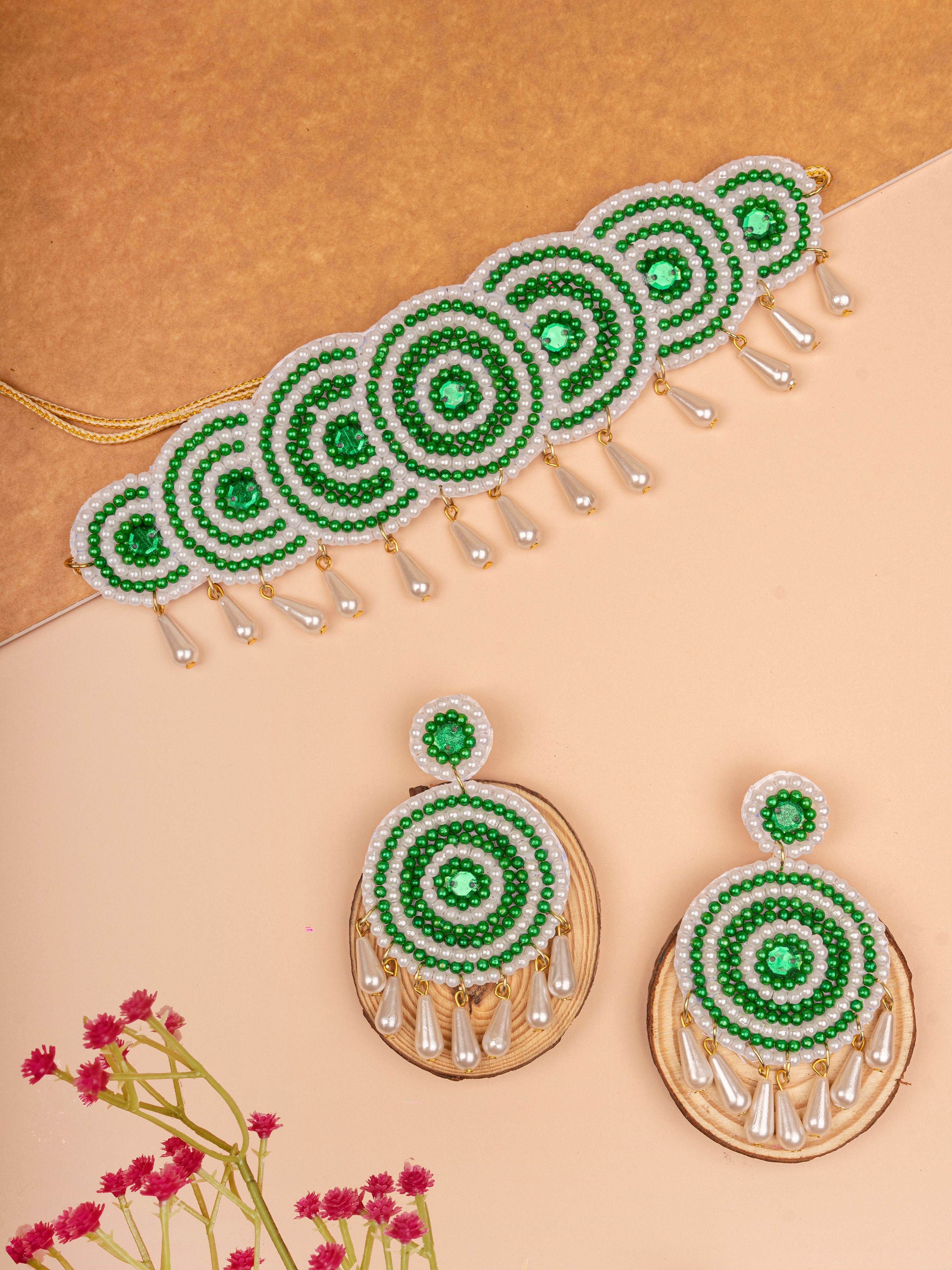 Blossom-Chic Handmade Green & White Pearls Choker Set