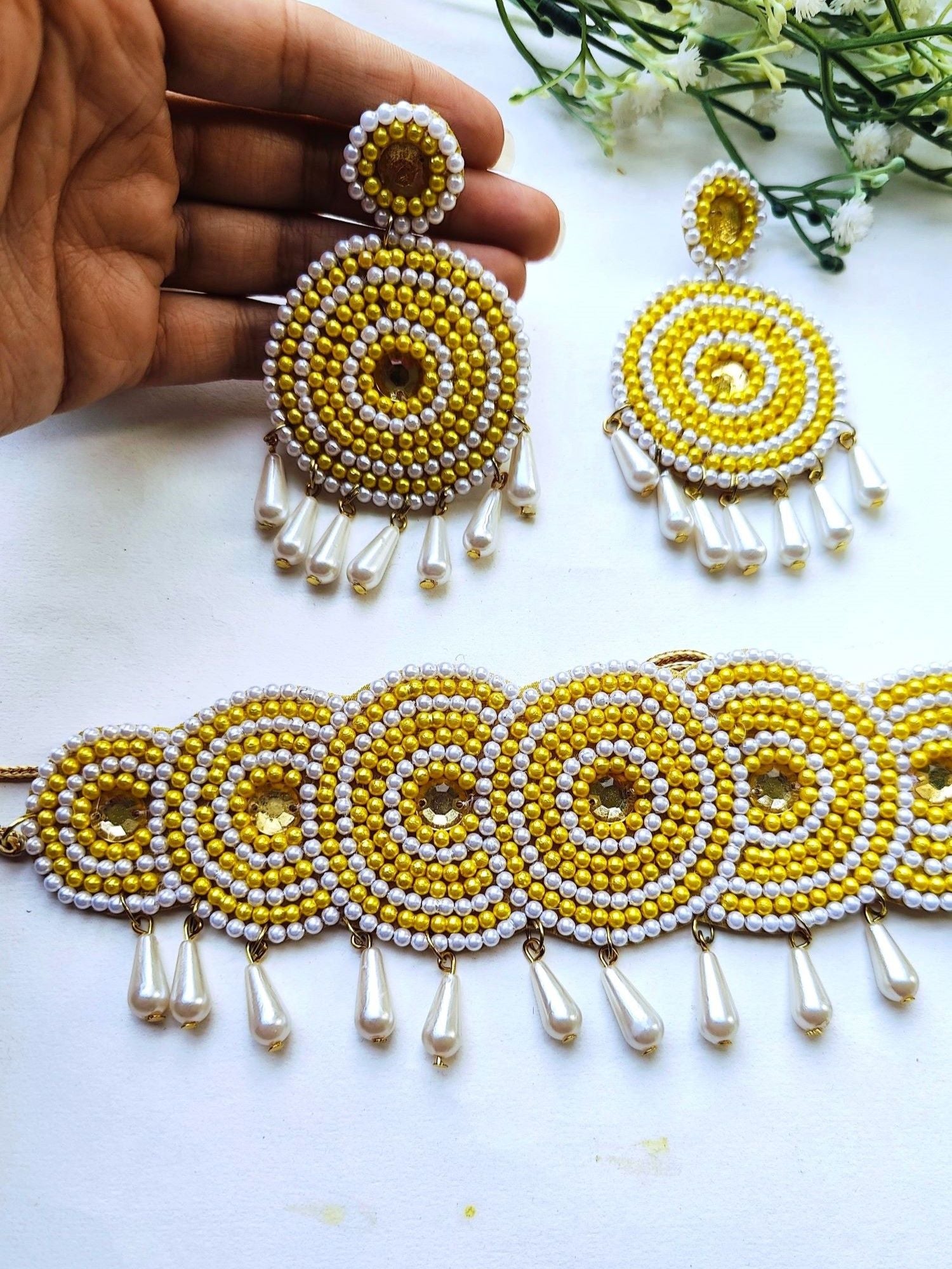 Yellow-White Pearl Choker Set Handmade Floral Jewellery for