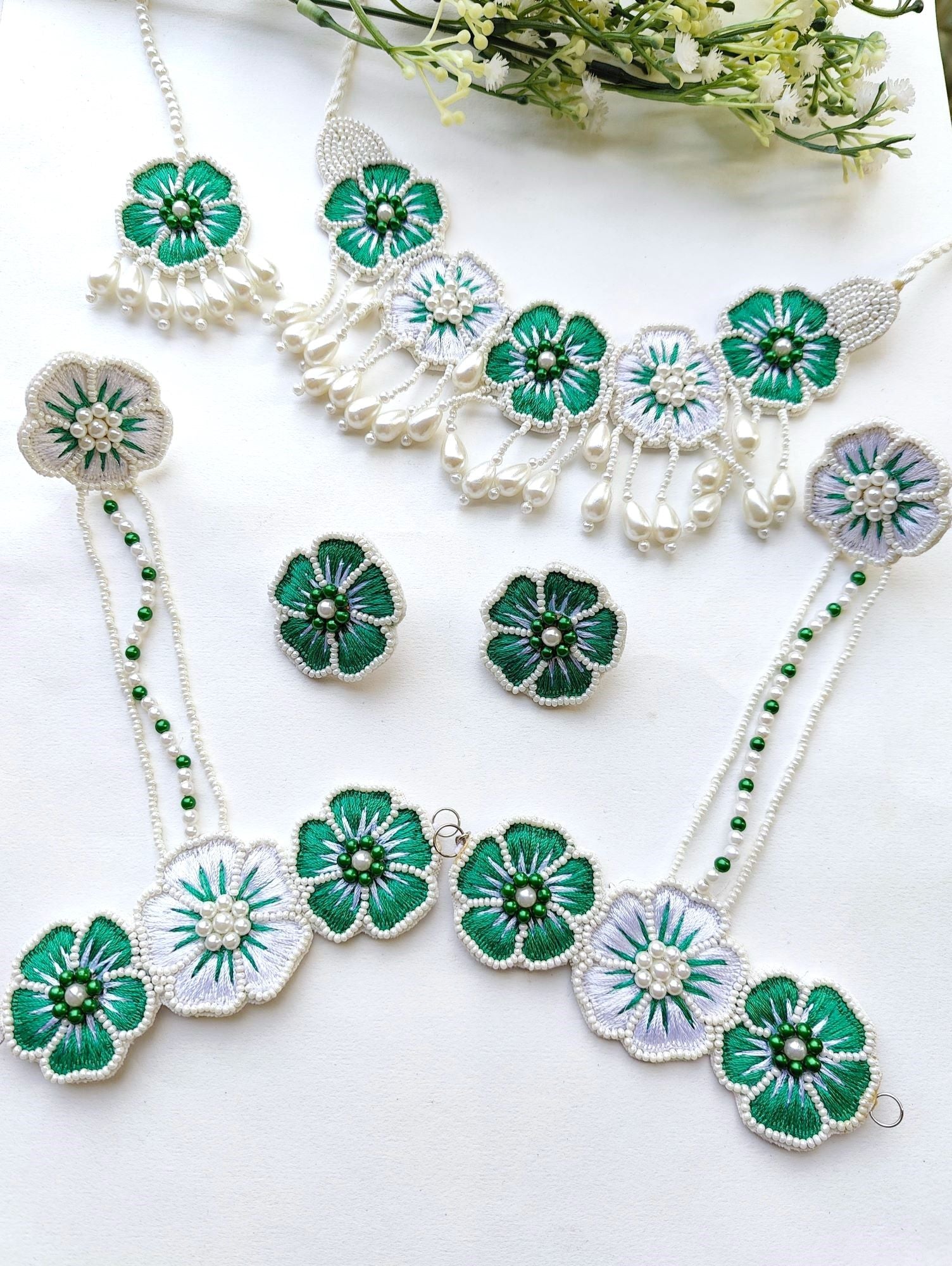 Elegant Green-White Floral Blossom Haldi Bridal Set: A Chic Women's Accessory