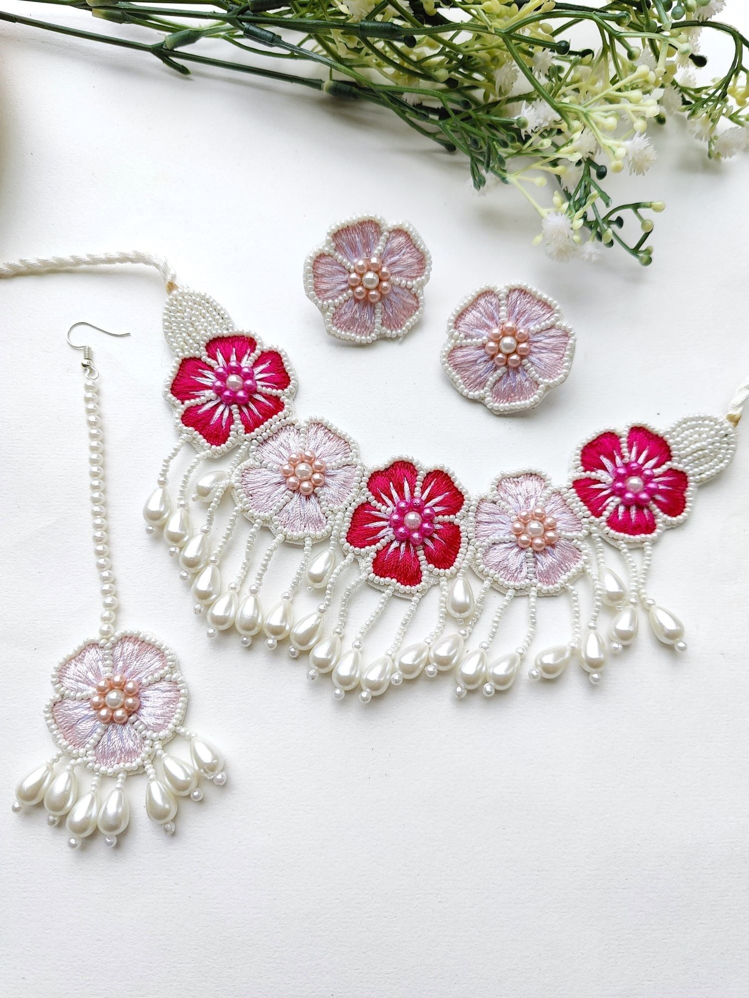 Pink Blossom Beaded Bridal Haldi Jewellery Set