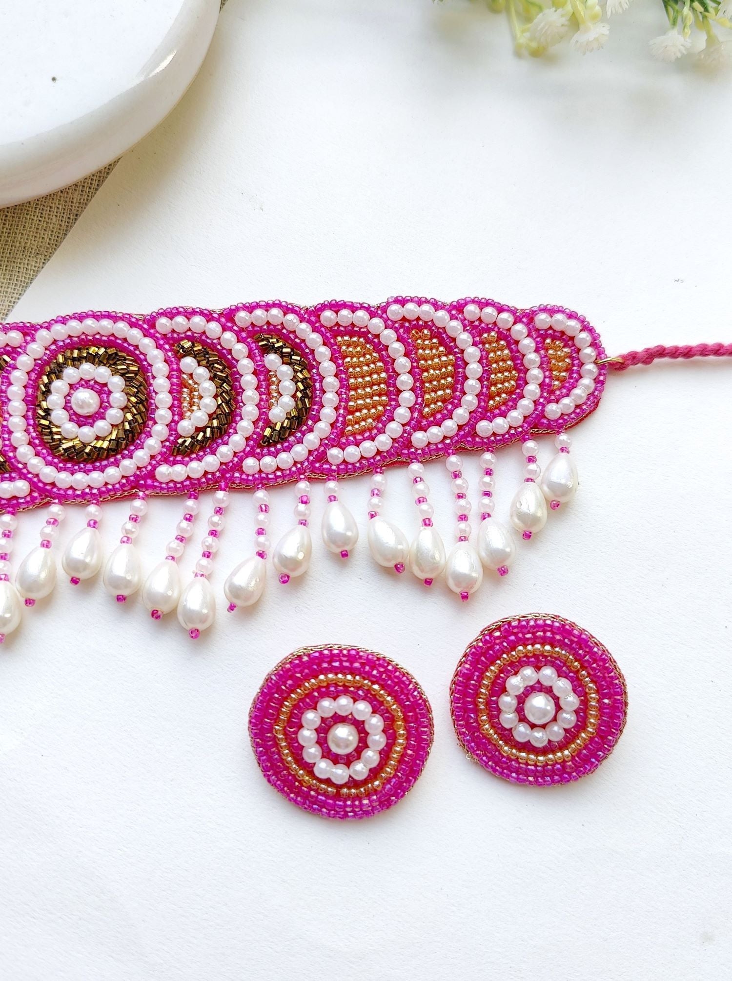 Elegant Handcrafted Pink & Gold Beaded Choker Jewelry Ensemble