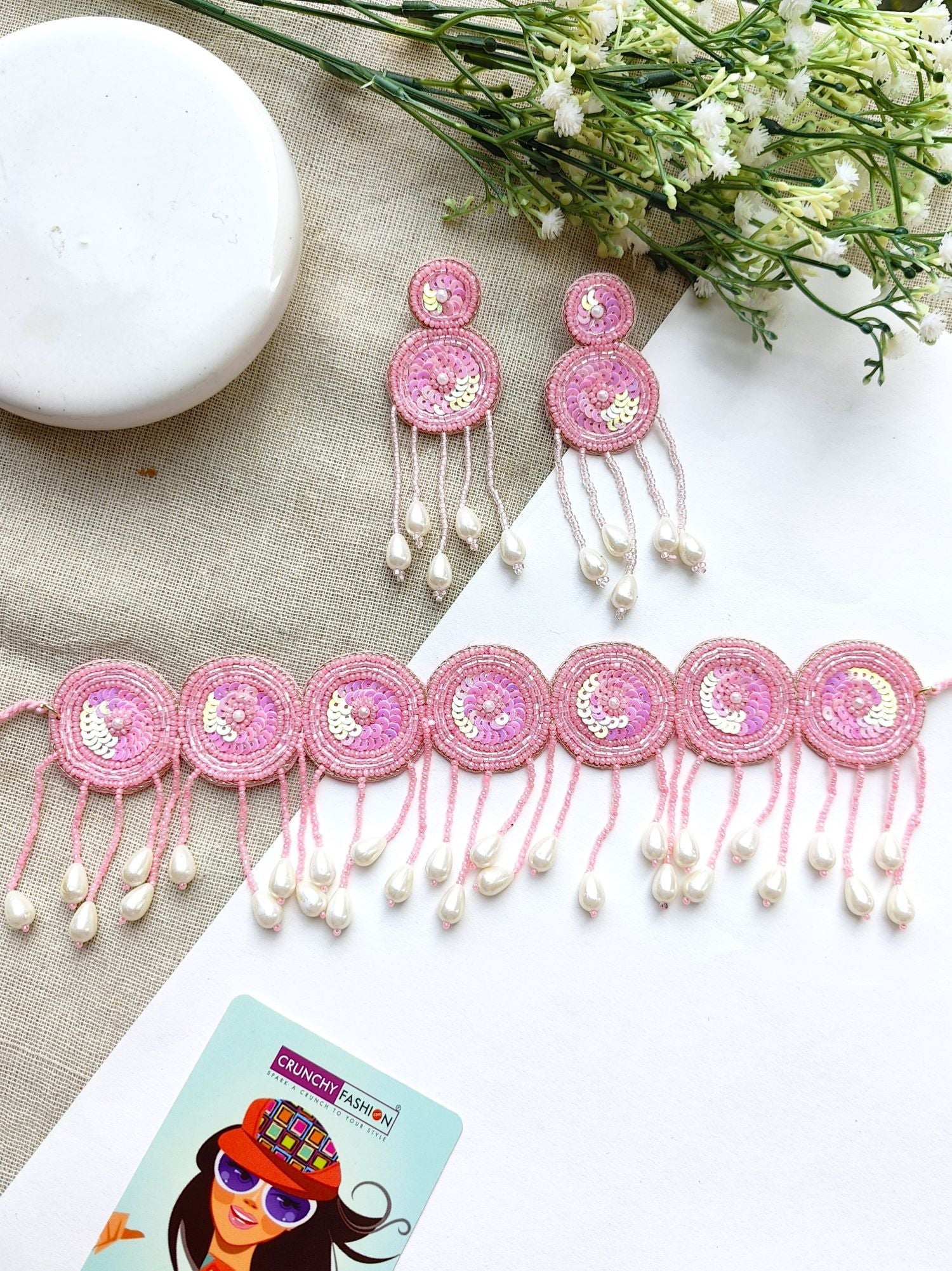 Handcrafted Pink Beaded Ensemble: A Lightweight Jewellery Set for Haldi-Mehndi Celebrations