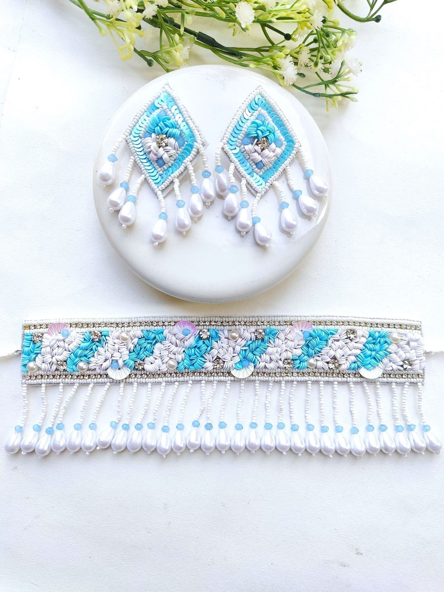 Bridal Blossom: Beaded Sky Blue & White Floral Haldi Choker Set for Women