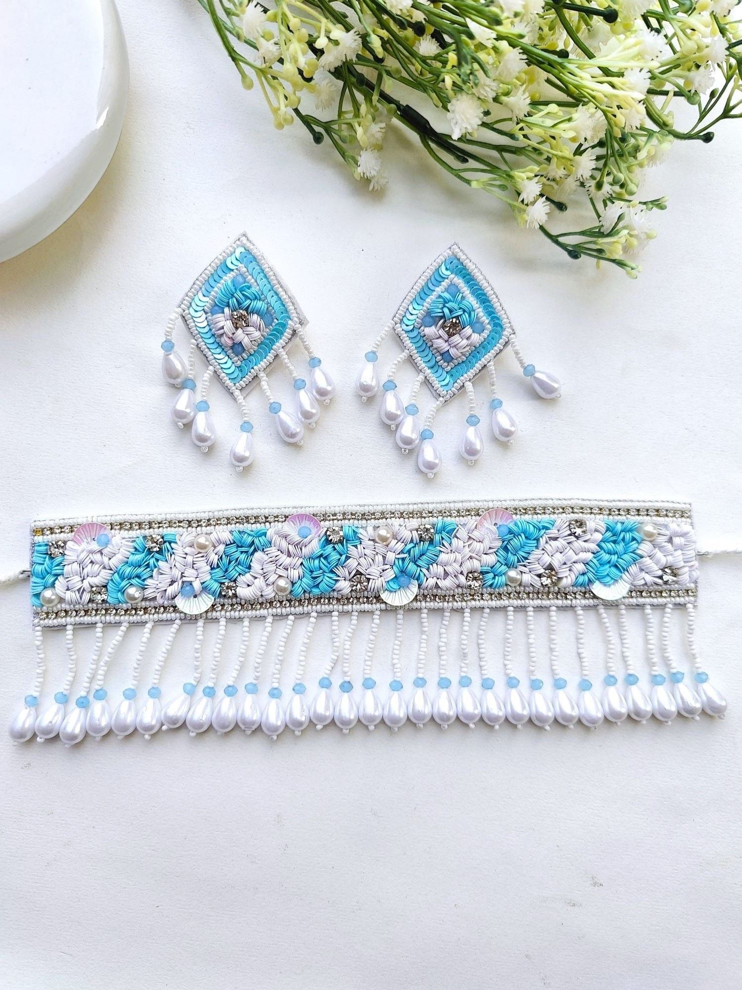 Bridal Blossom: Beaded Sky Blue & White Floral Haldi Choker Set for Women