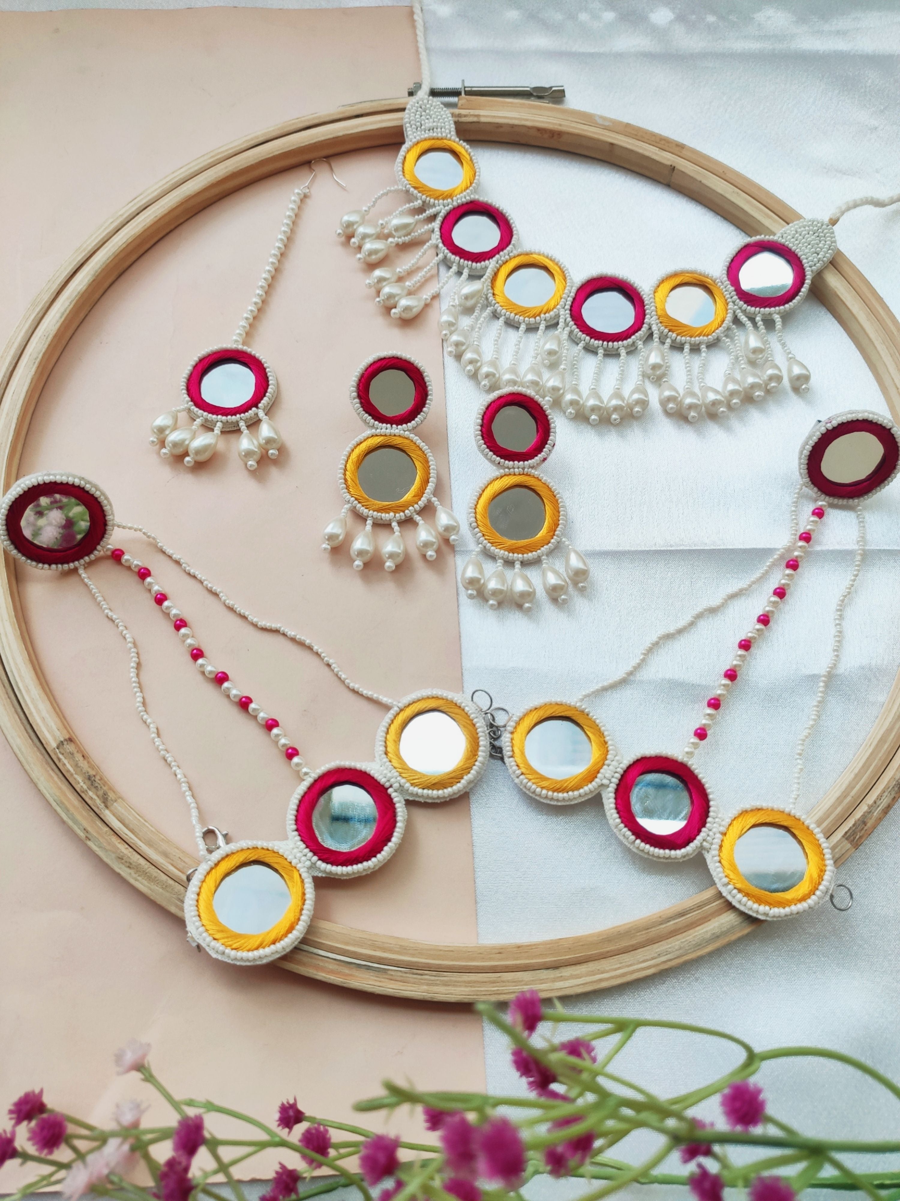 Vibrant Handcrafted Pink-Yellow Mirror Jewel Set for Haldi Celebrations