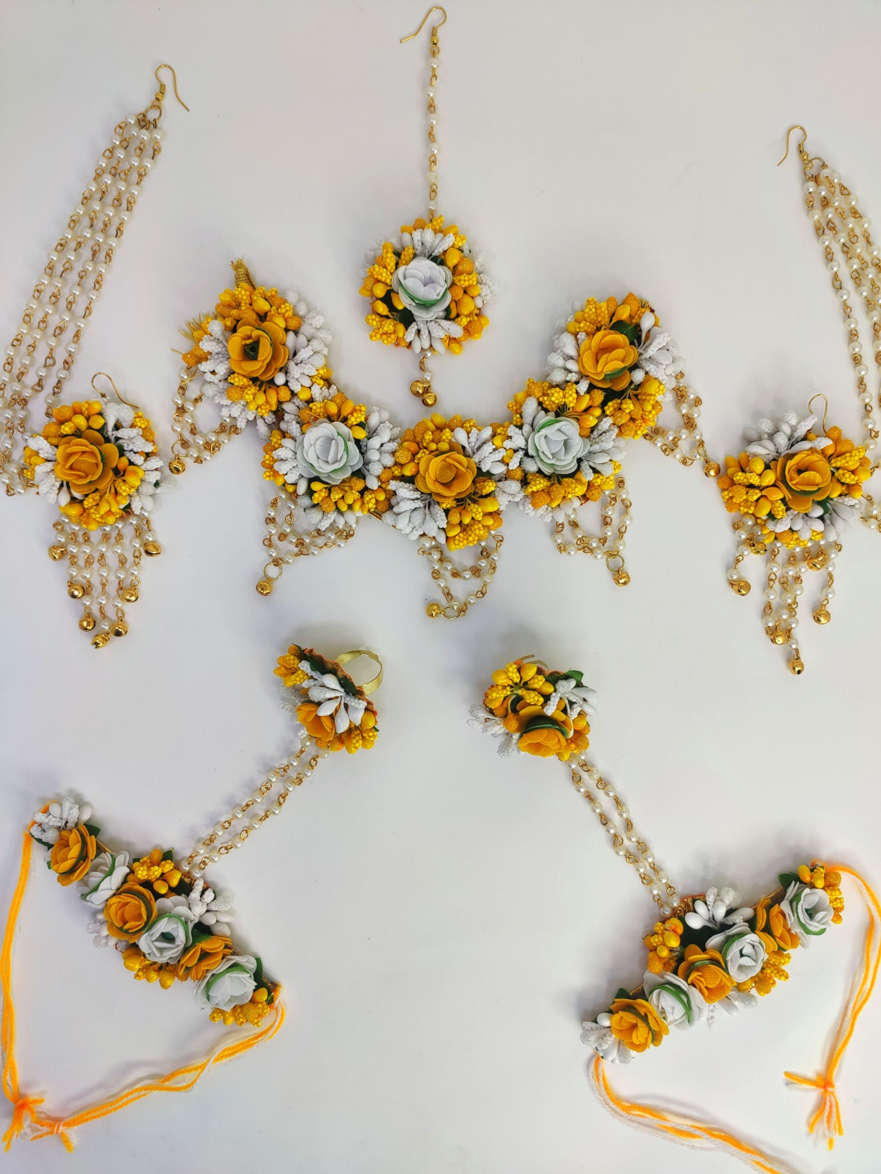 Yellow & White Floral Haldi-Mehndi Jewellery Set for Women with Multilayer Earrings