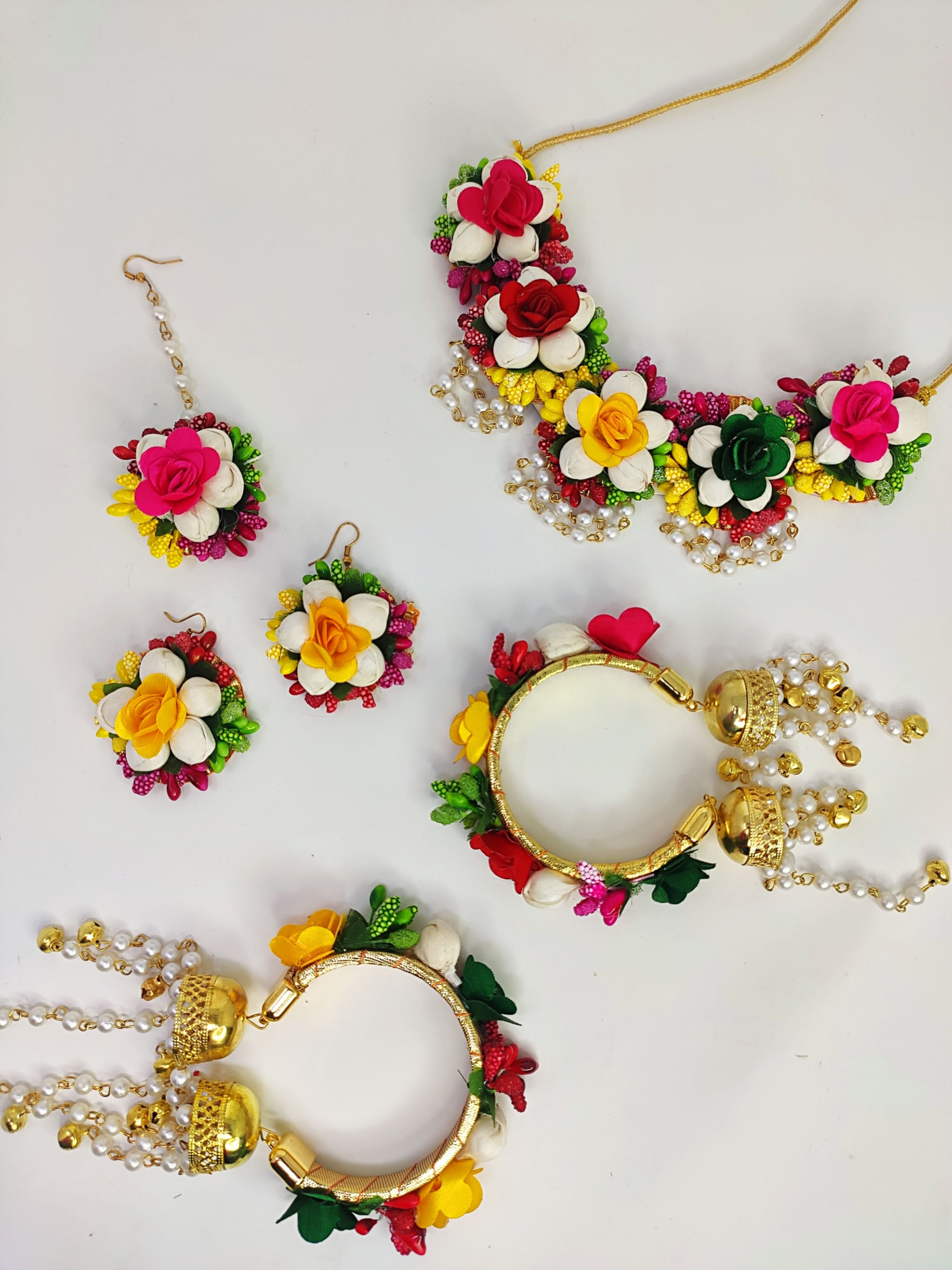 Handmade Floral Jewellery Set for Haldi & Mehendi in Multicolors