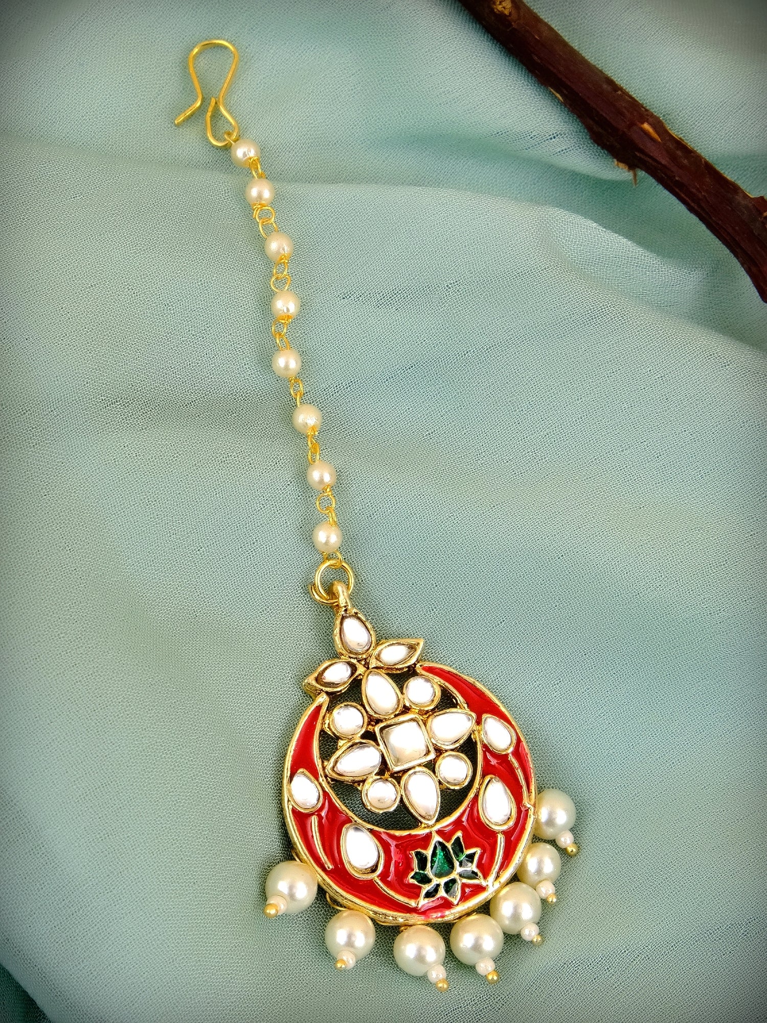 Uniquely Chic Maang Tikka - Gold Plated & Red Kundan