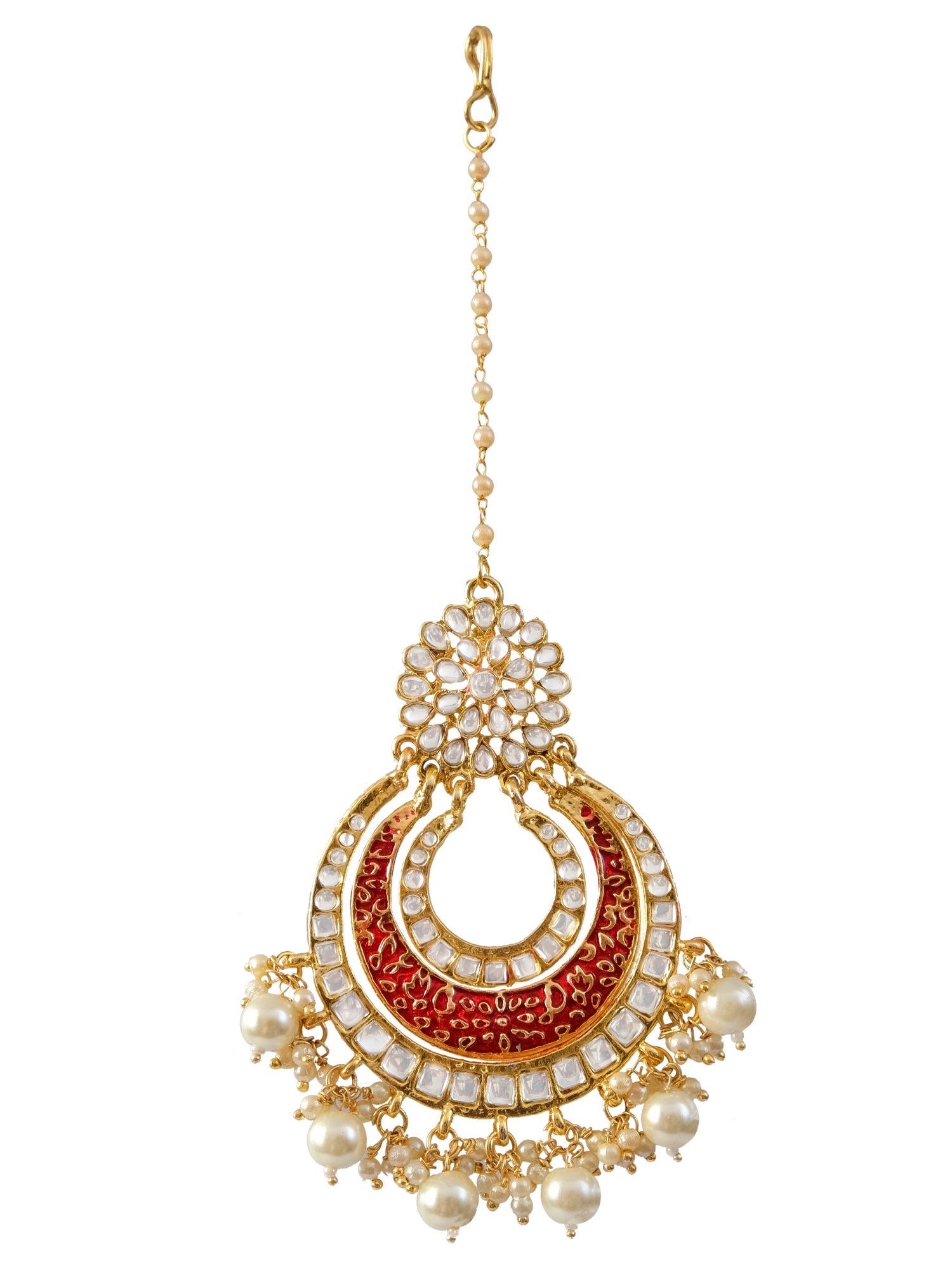 Traditional Kundan Work Red Chandbali Design  Heavy Manng Tika With White Pearl