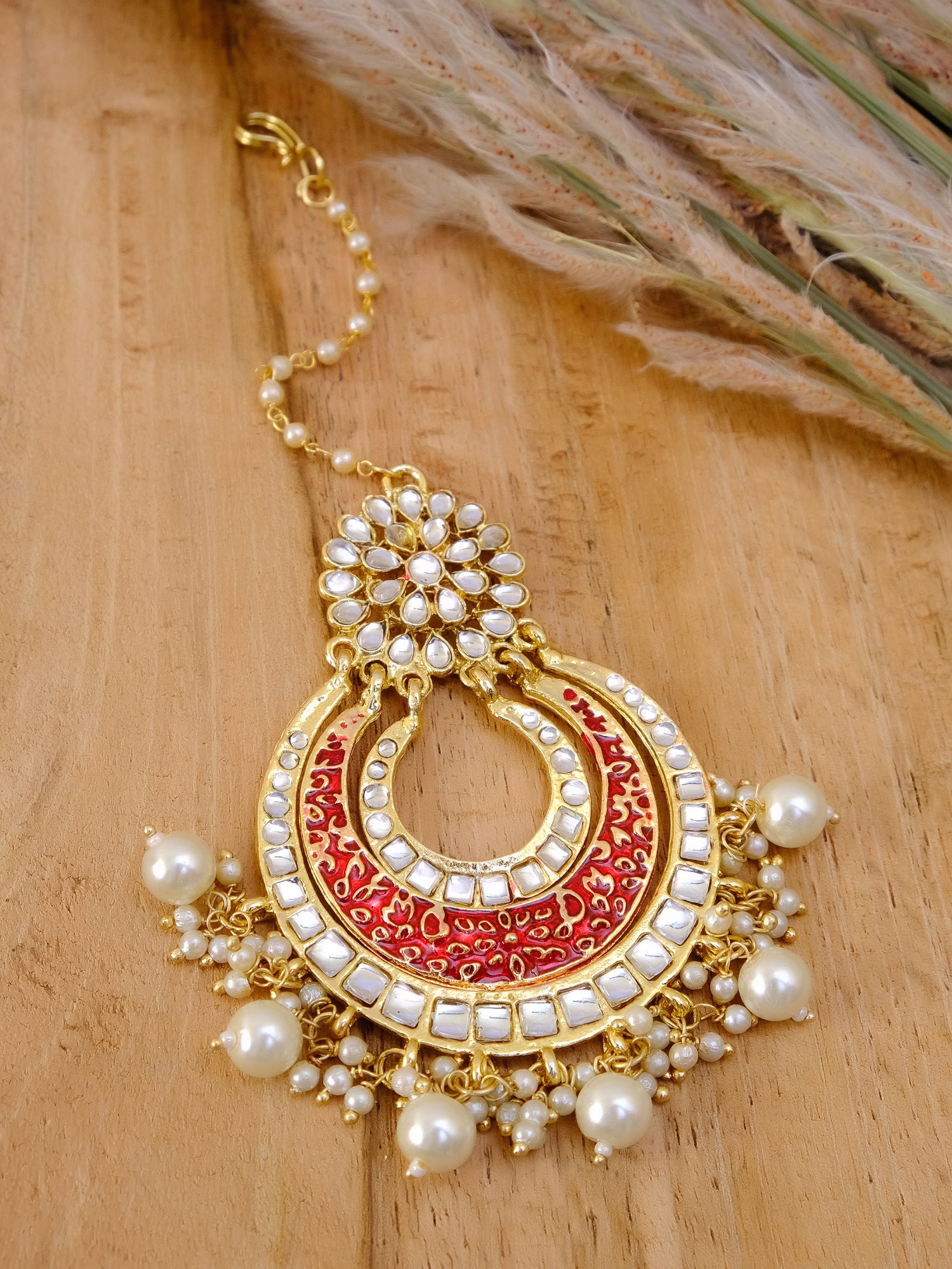 Traditional Kundan Work Red Chandbali Design  Heavy Manng Tika With White Pearl