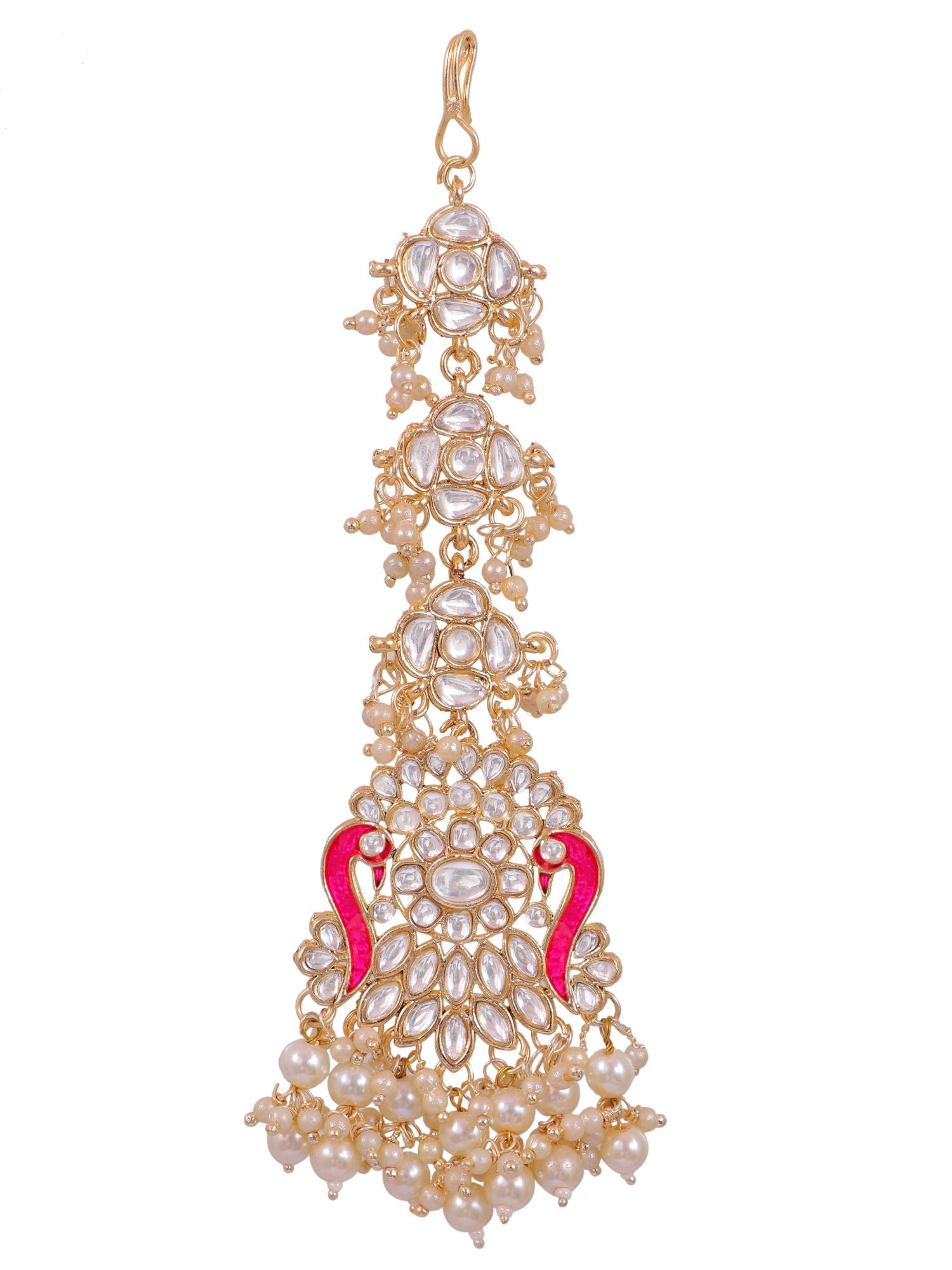 Gold-Plated Peacock Design Kundan Stone White & Pink Embedded Maang Tika