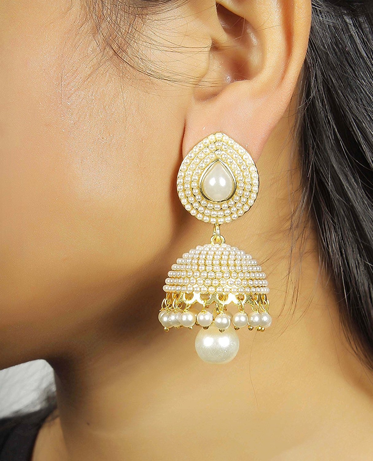 Golden Pearl Jhumka - White Pearl Jhumki Earrings for Girls & Women