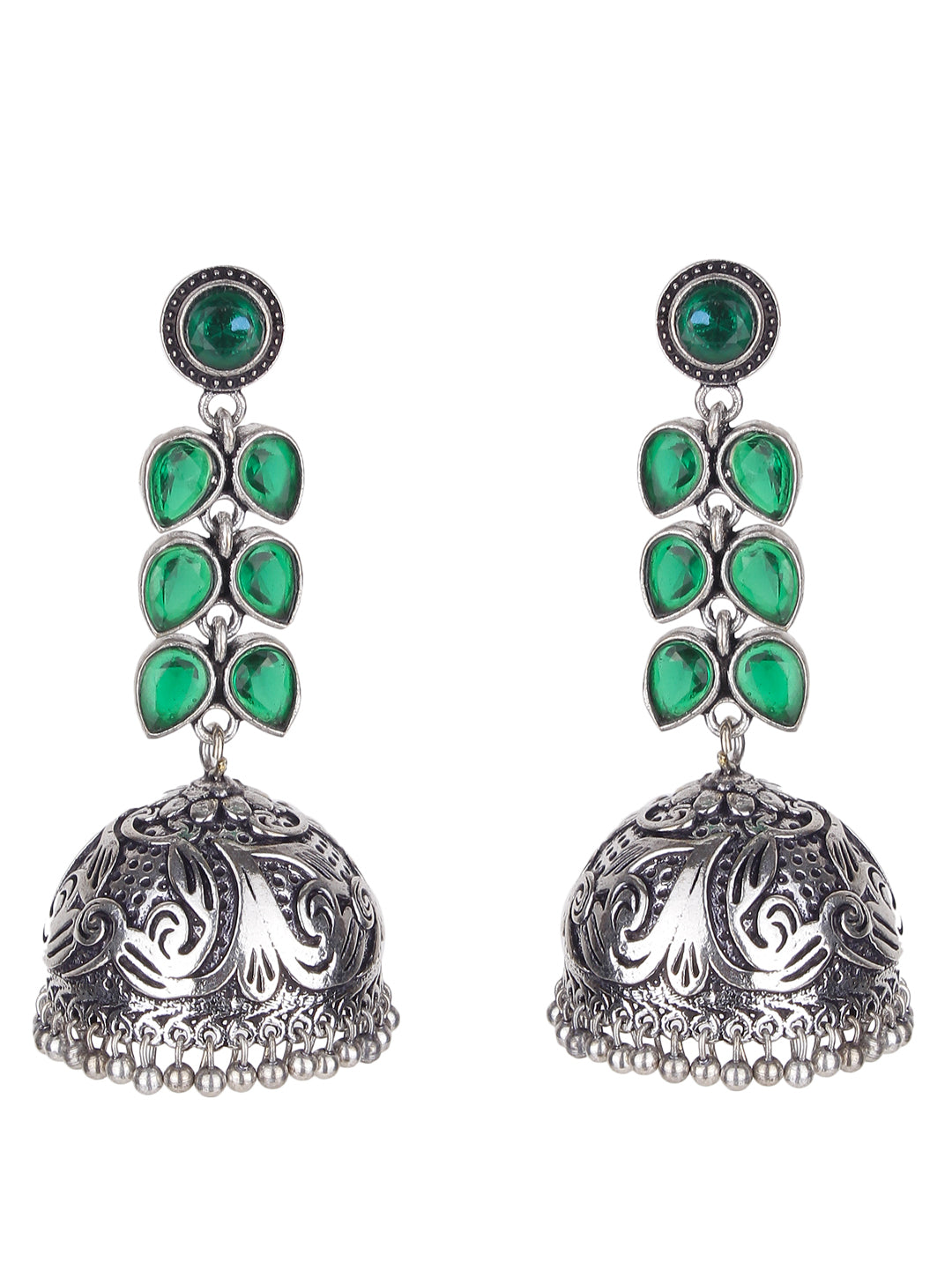 Exquisite Oxidised Silver Jhumka Earrings with Crystal Leaves Design