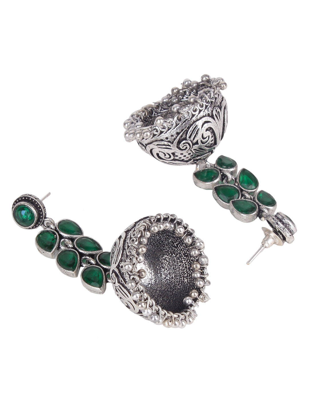 Exquisite Oxidised Silver Jhumka Earrings with Crystal Leaves Design