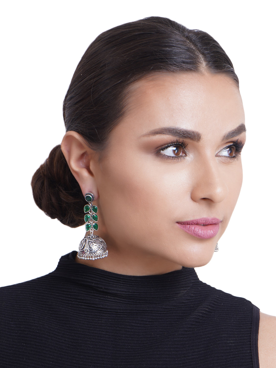Exquisite Oxidised Silver Jhumka Earrings with Crystal Leaves Design