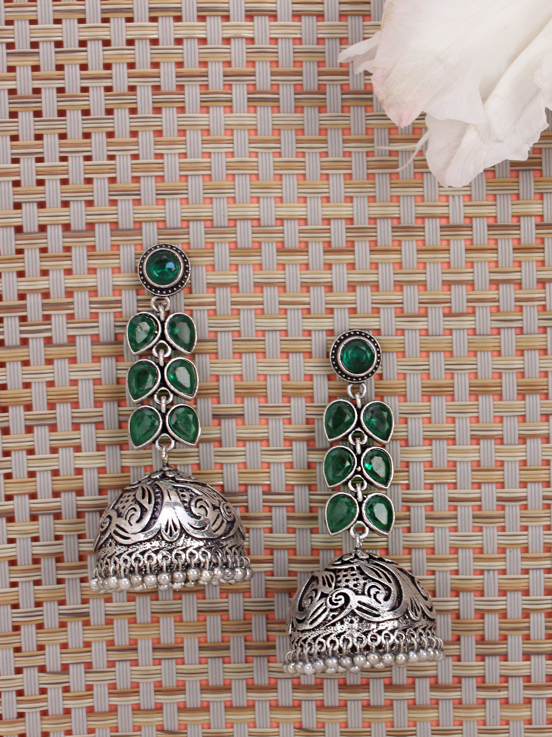 Exquisite Oxidised Silver Jhumka Earrings with Crystal Leaves Design