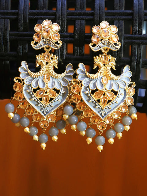 Traditional Gold Plated Kundan Work Grey Drop & Dangle Earrings