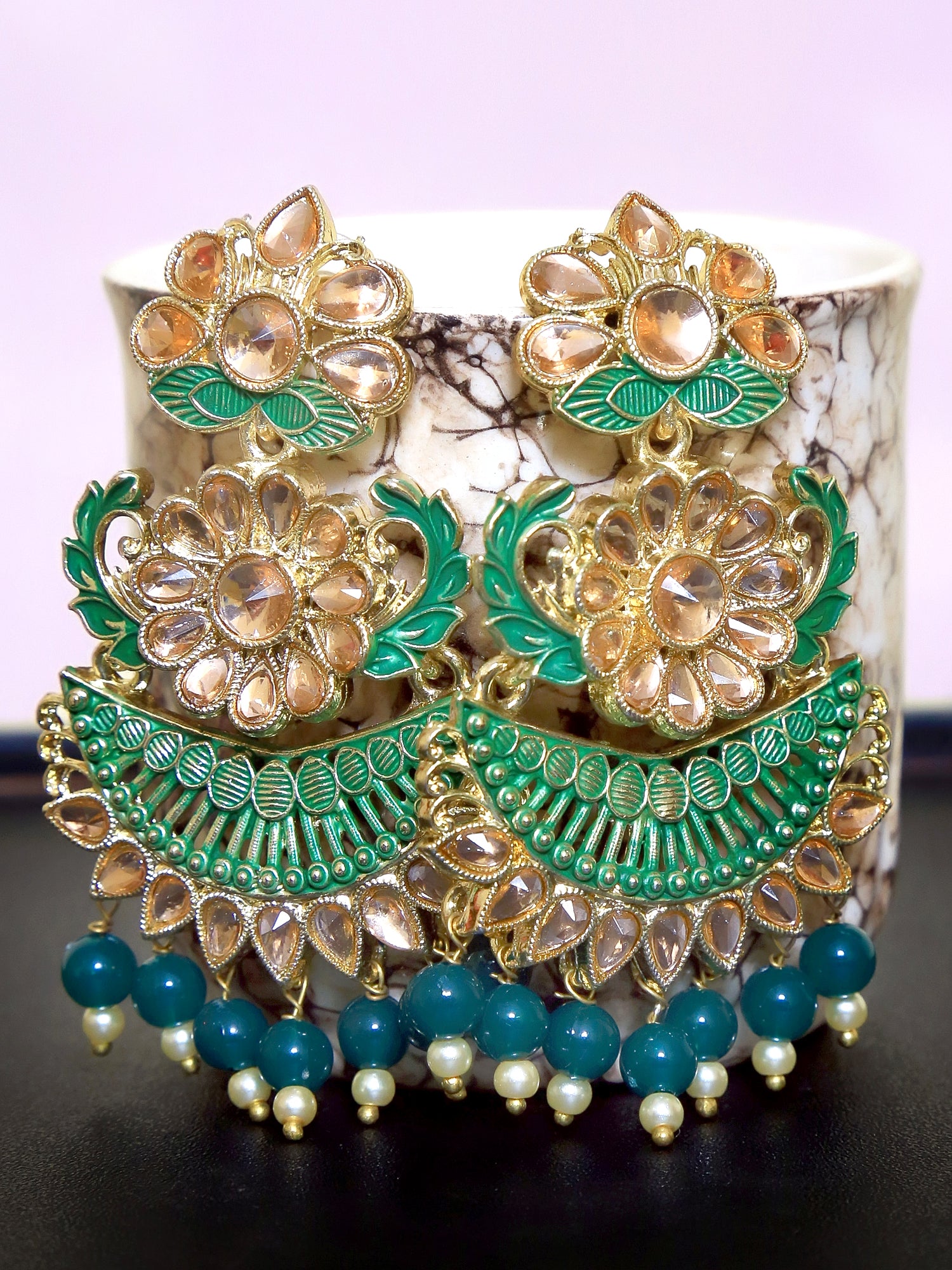 Traditional Gold Plated Green-Blue Color Drop & Dangle Earrings