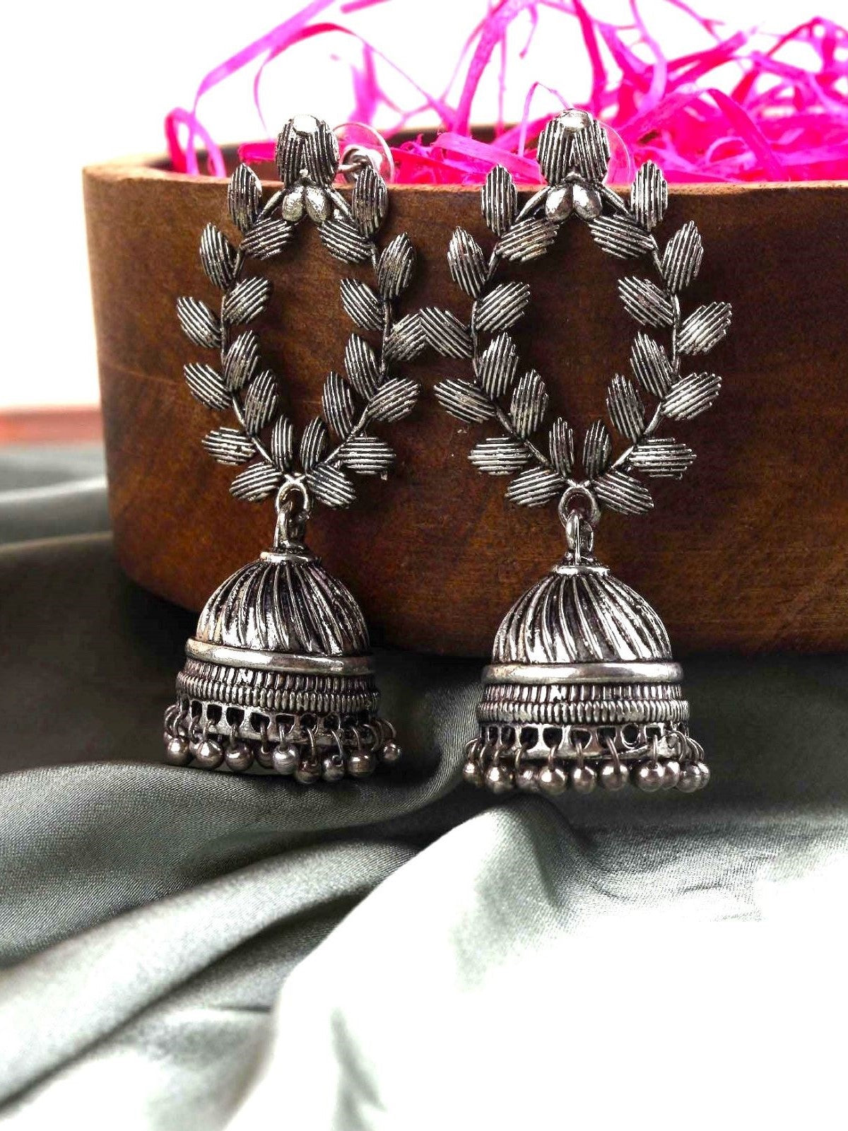 Beautiful Oxidised Silver Leaf Jhumka Earrings for Women's Festive Look
