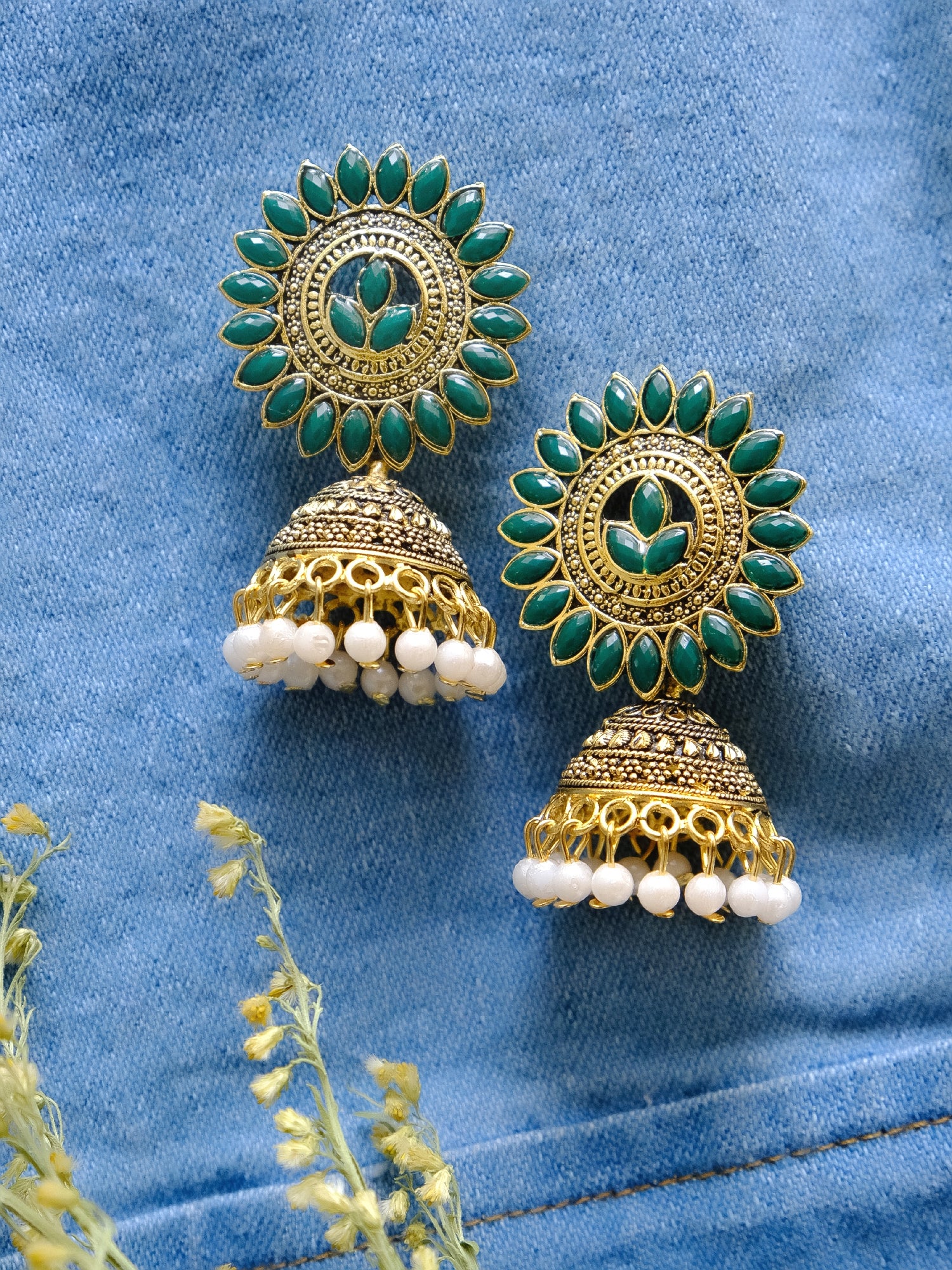 Antique Gold Leaf Jhumka Earrings for Trendy Women