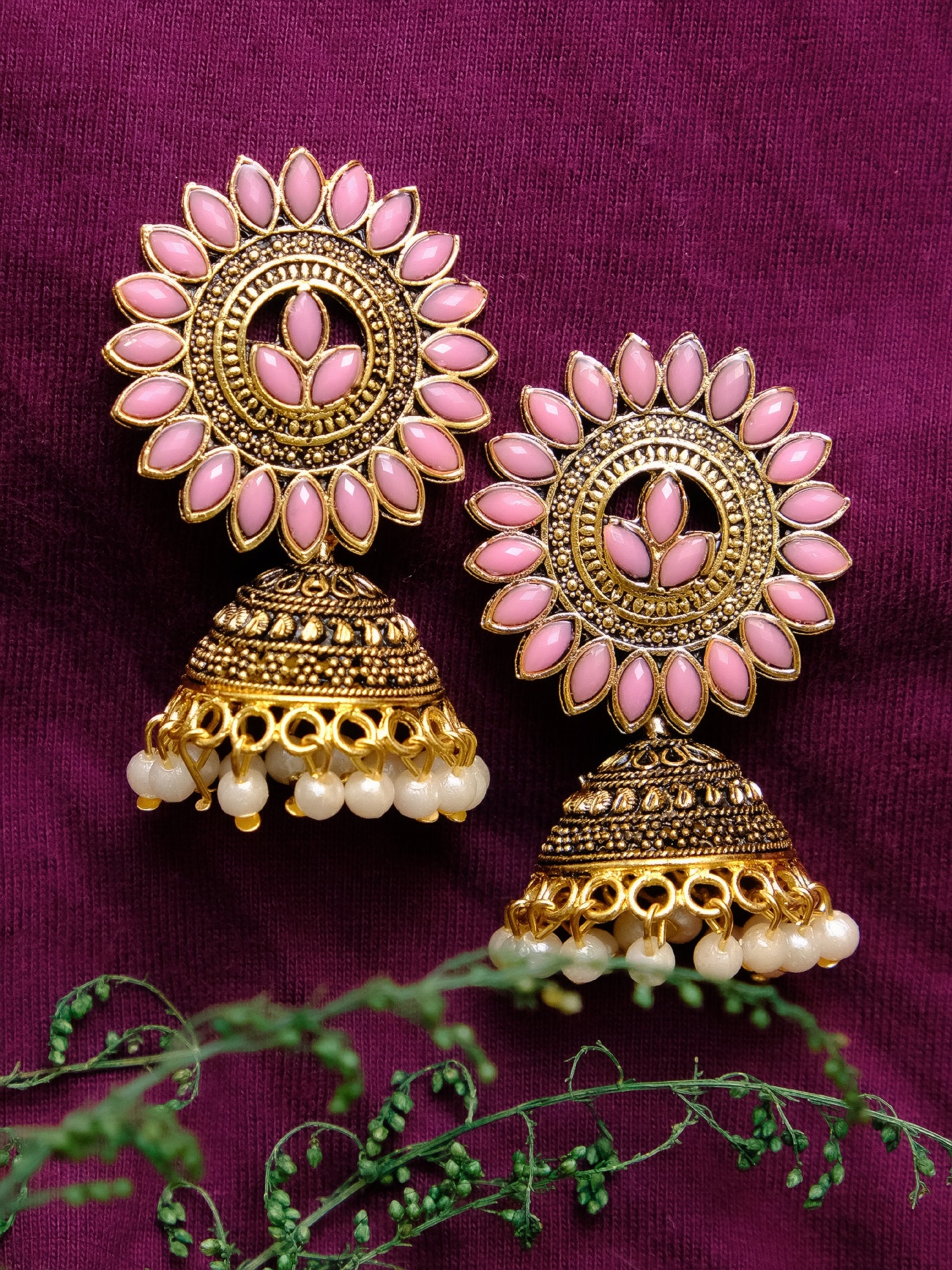 Antique Gold Leaf Jhumka Earrings for Trendy Women