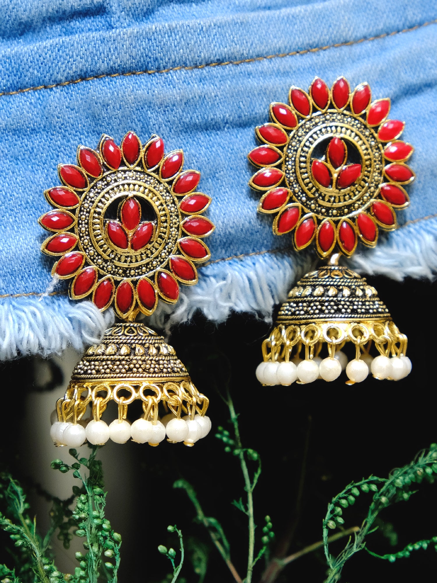 Antique Gold Leaf Jhumka Earrings for Trendy Women