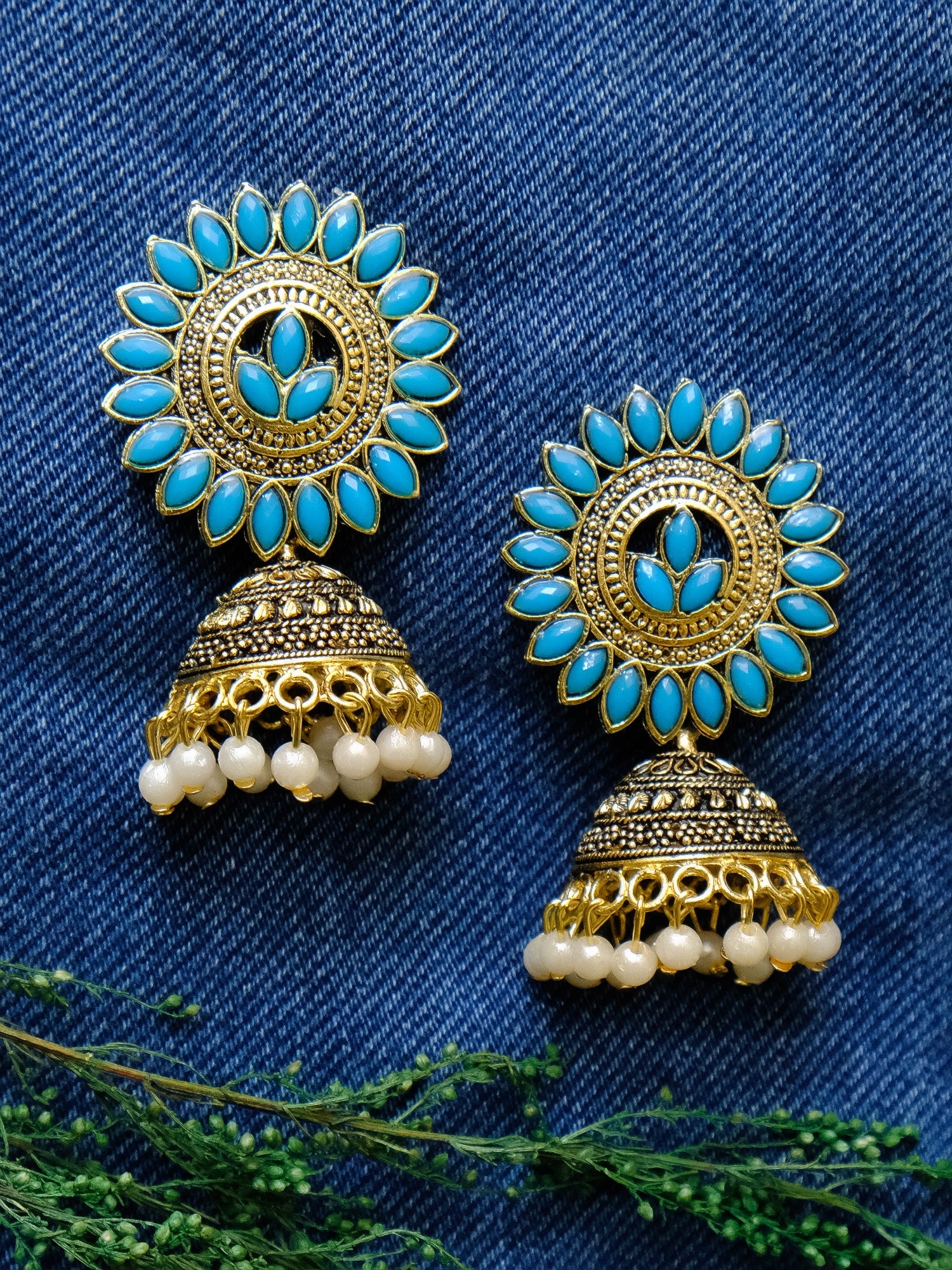 Antique Gold Leaf Jhumka Earrings for Trendy Women