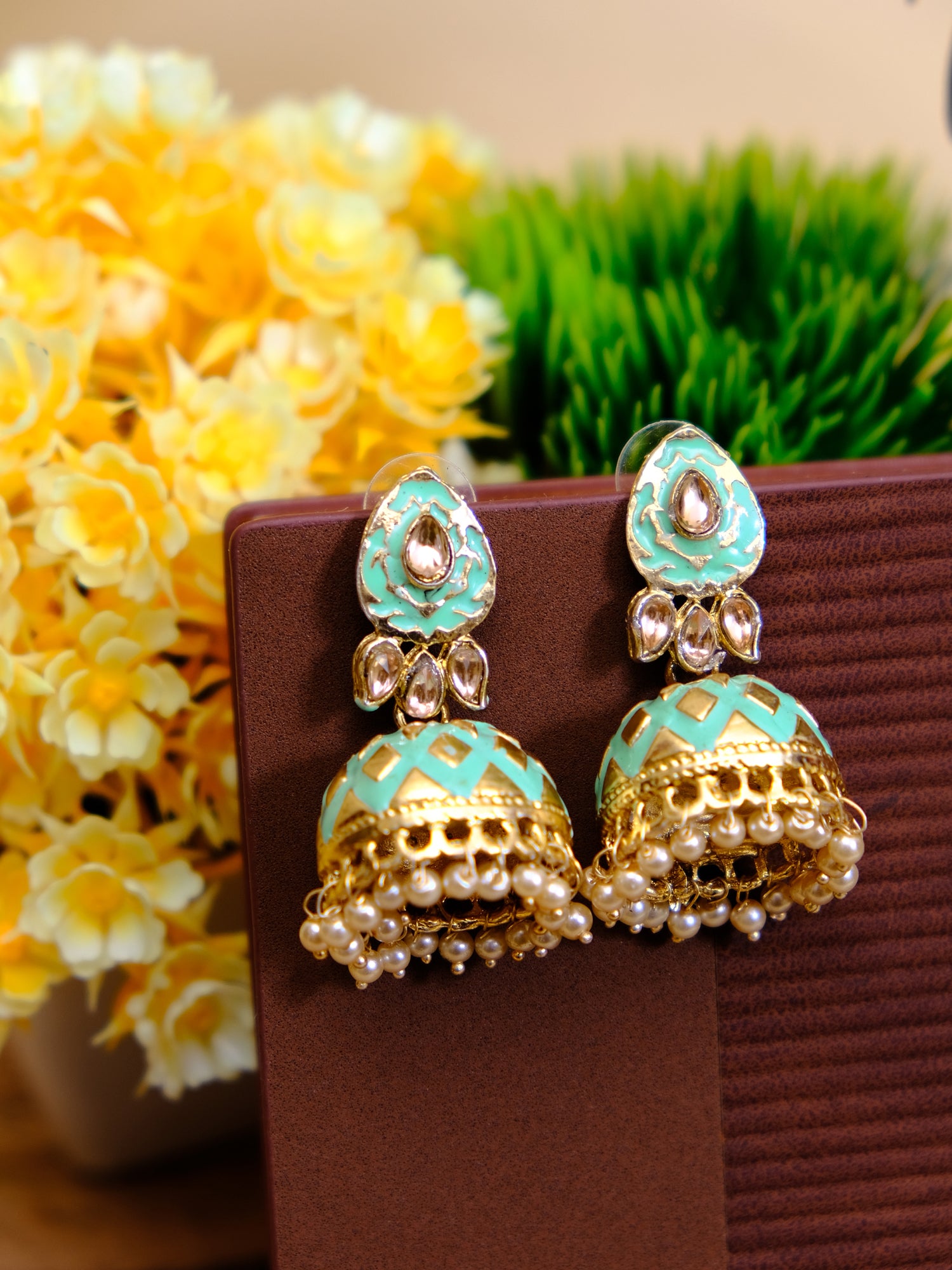 Vibrant Green Meenakari Jhumka Earrings - Traditional Gold Plated for Women