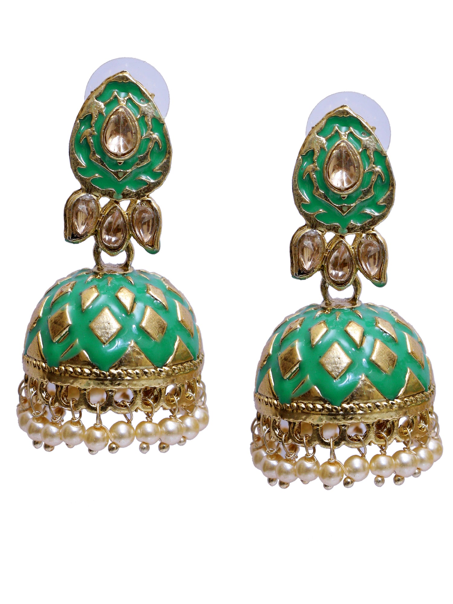 Vibrant Green Meenakari Jhumka Earrings - Traditional Gold Plated for Women