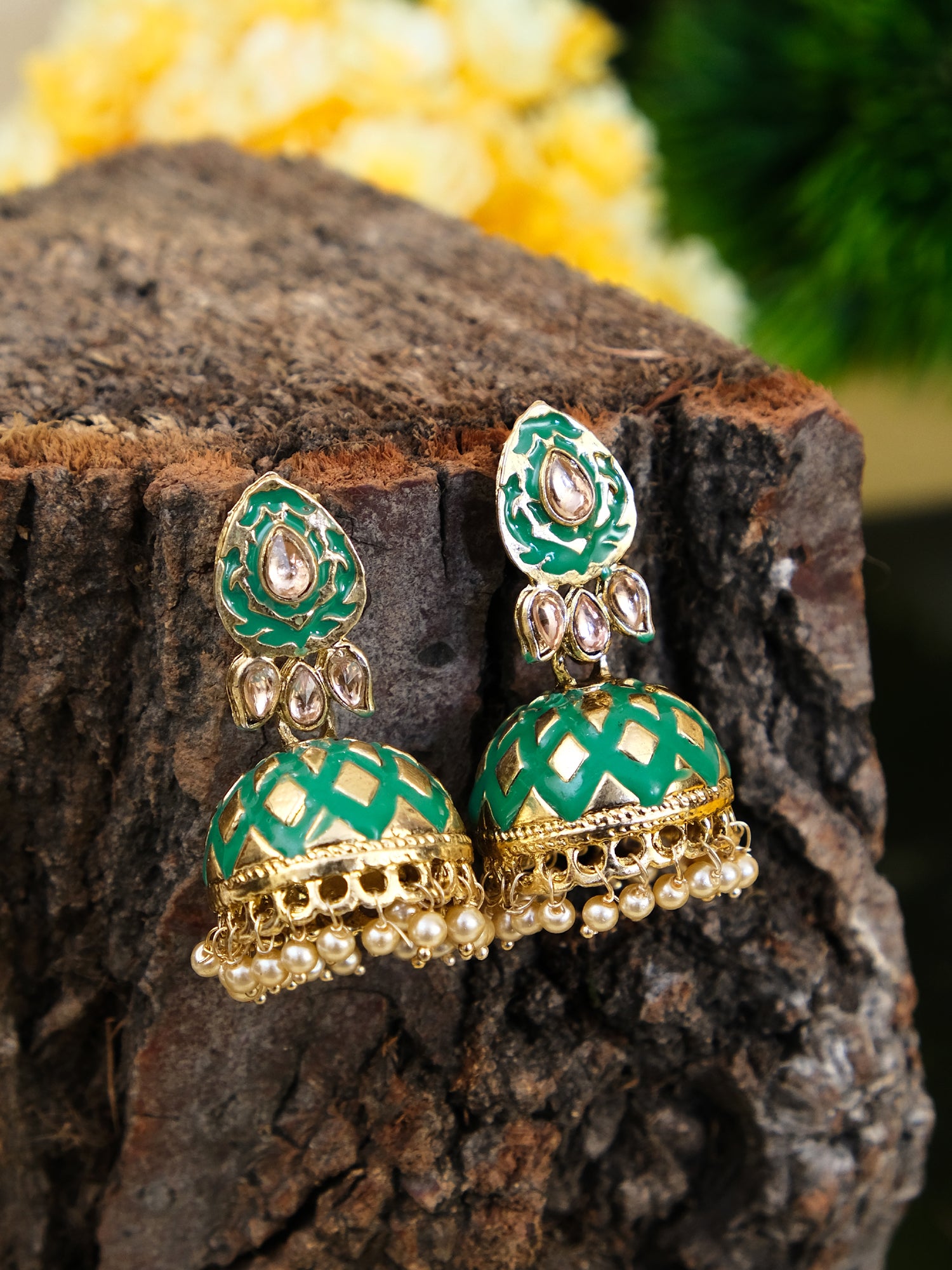 Vibrant Green Meenakari Jhumka Earrings - Traditional Gold Plated for Women