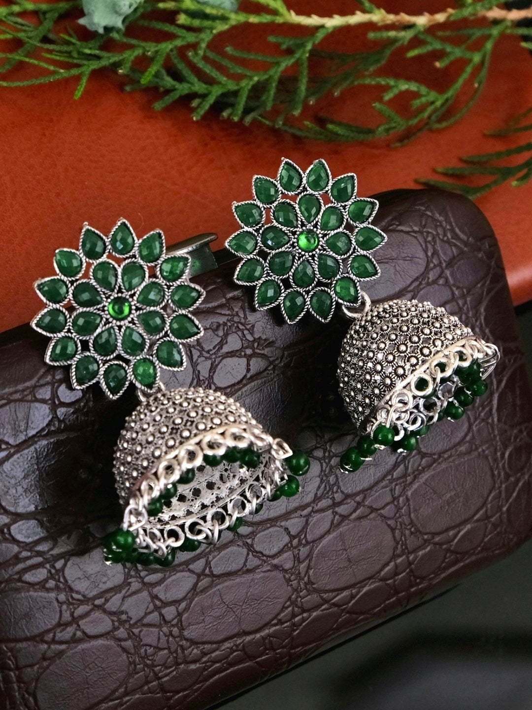 Nisha Oxidised Jhumkas - Oxidised Silver Floral Jhumki Earrings for Women