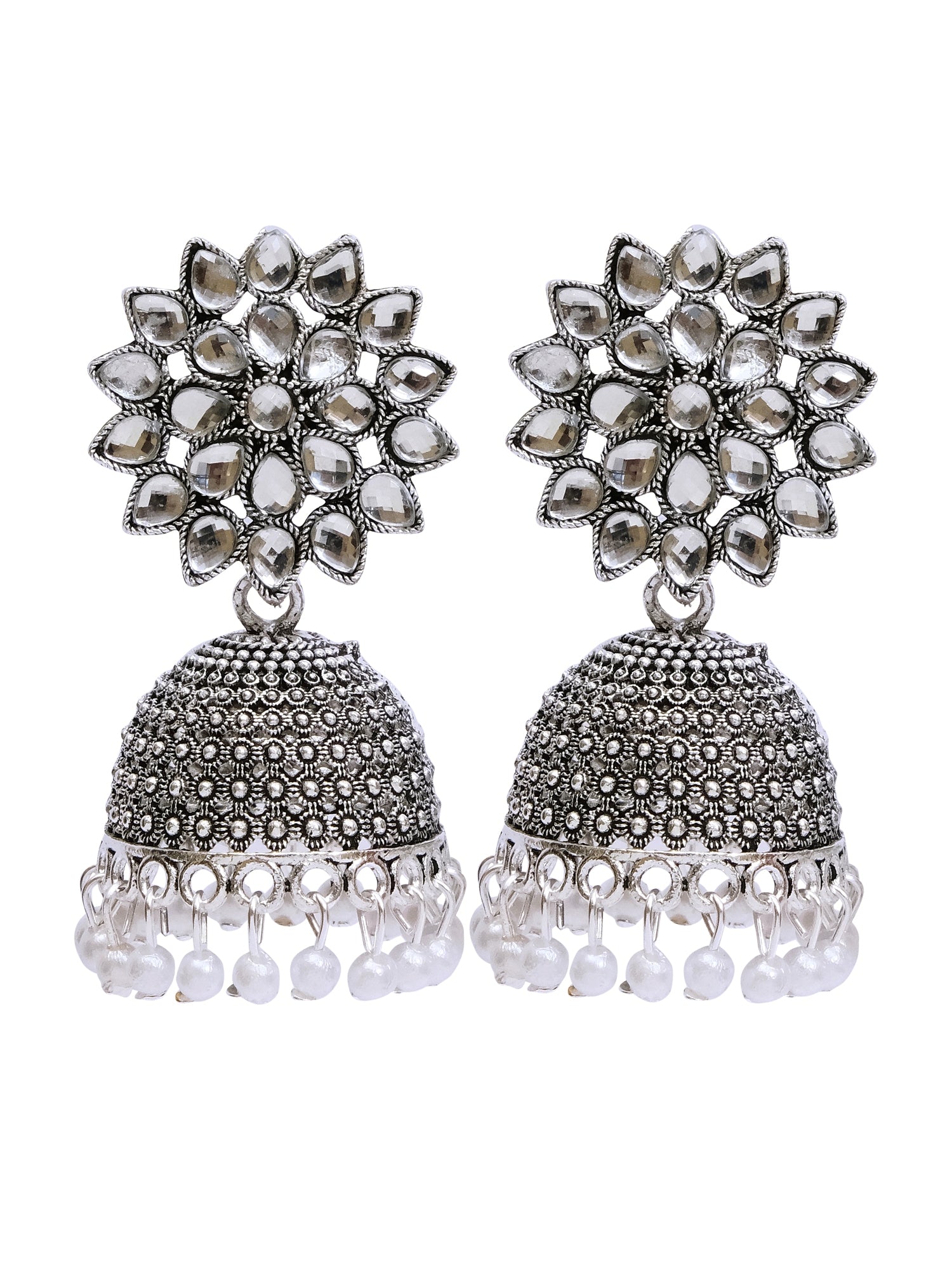 Nisha Oxidised Jhumkas - Oxidised Silver Floral Jhumki Earrings for Women