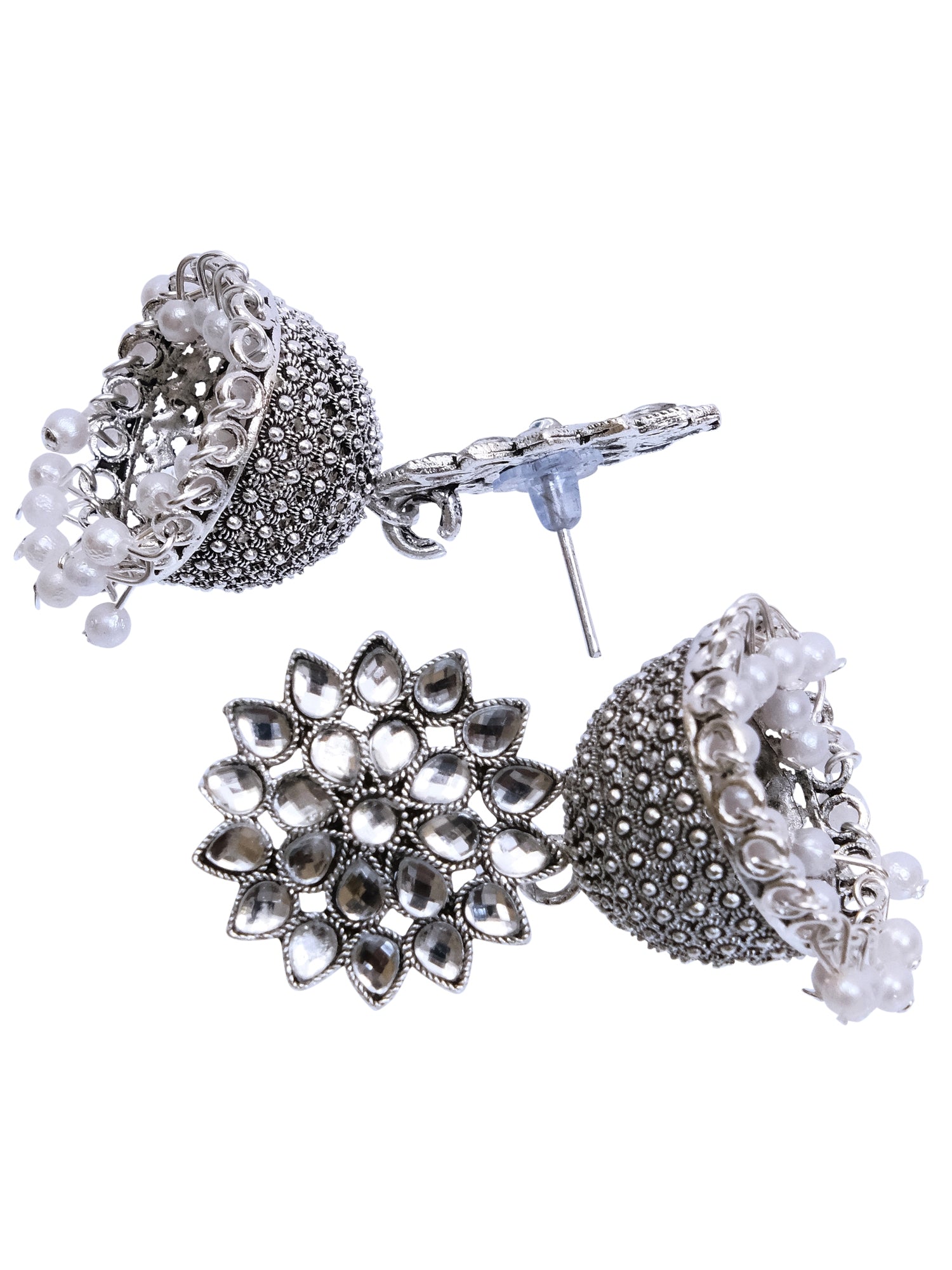 Nisha Oxidised Jhumkas - Oxidised Silver Floral Jhumki Earrings for Women