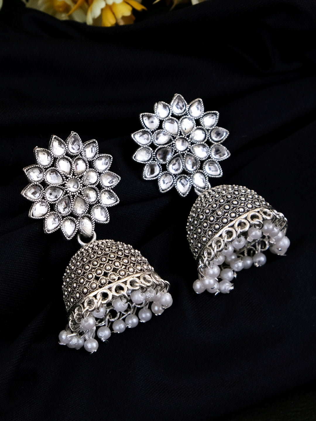 Nisha Oxidised Jhumkas - Oxidised Silver Floral Jhumki Earrings for Women