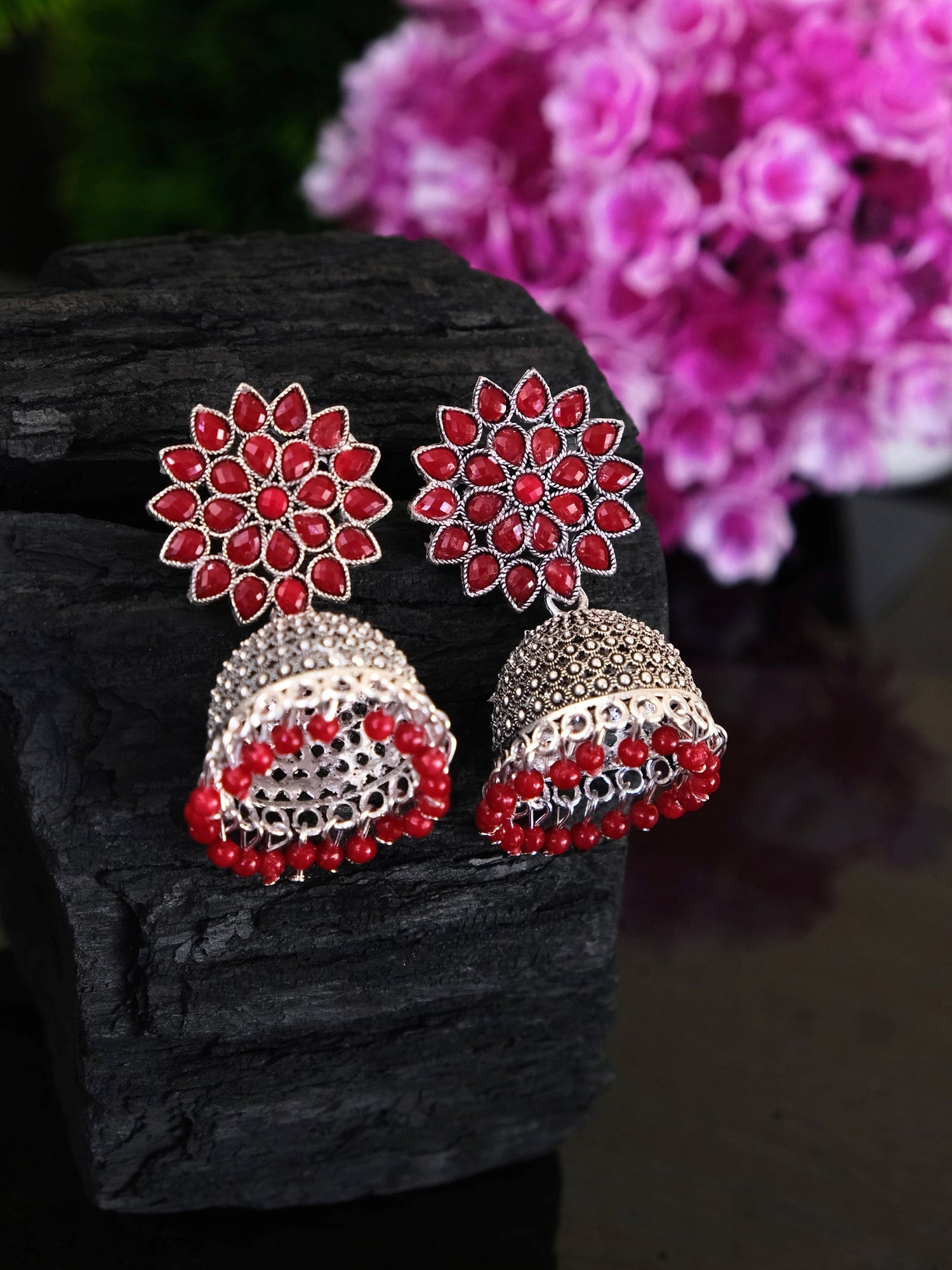 Nisha Oxidised Jhumkas - Oxidised Silver Floral Jhumki Earrings for Women