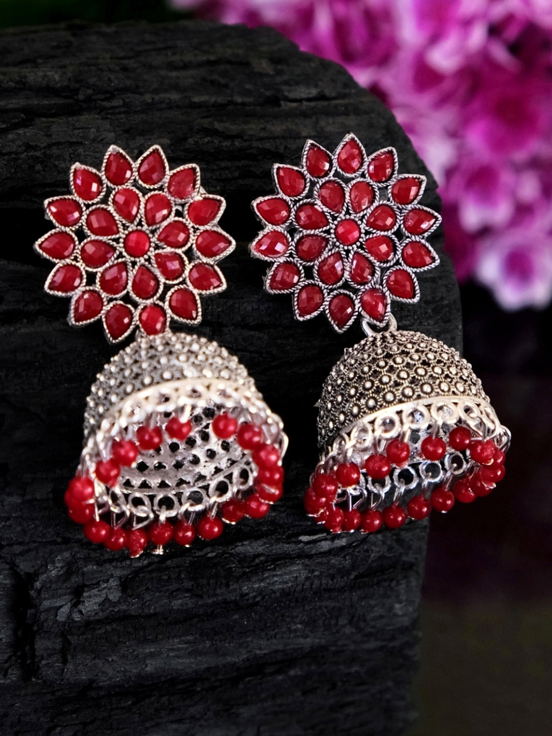 Nisha Oxidised Jhumkas - Oxidised Silver Floral Jhumki Earrings for Women