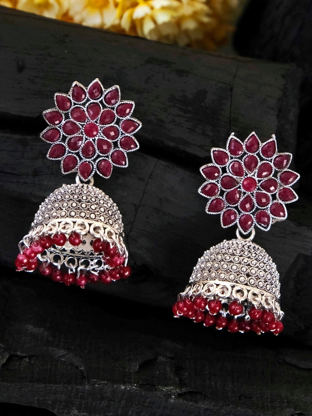 Nisha Oxidised Jhumkas - Oxidised Silver Floral Jhumki Earrings for Women