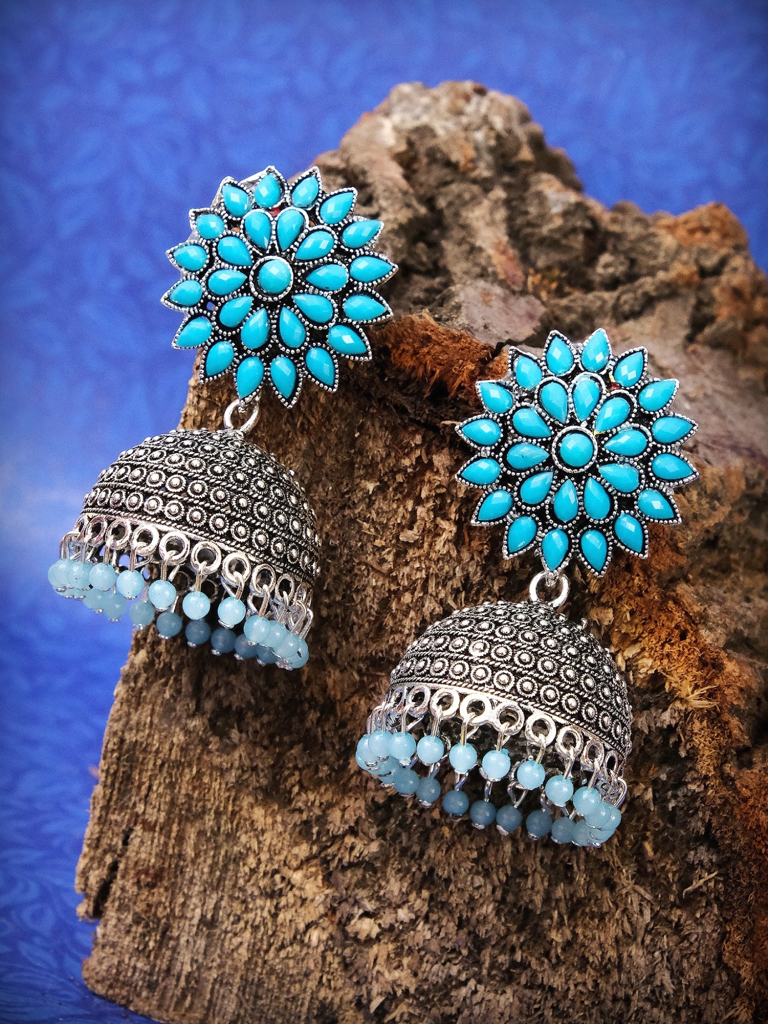 Nisha Oxidised Jhumkas - Oxidised Silver Floral Jhumki Earrings for Women