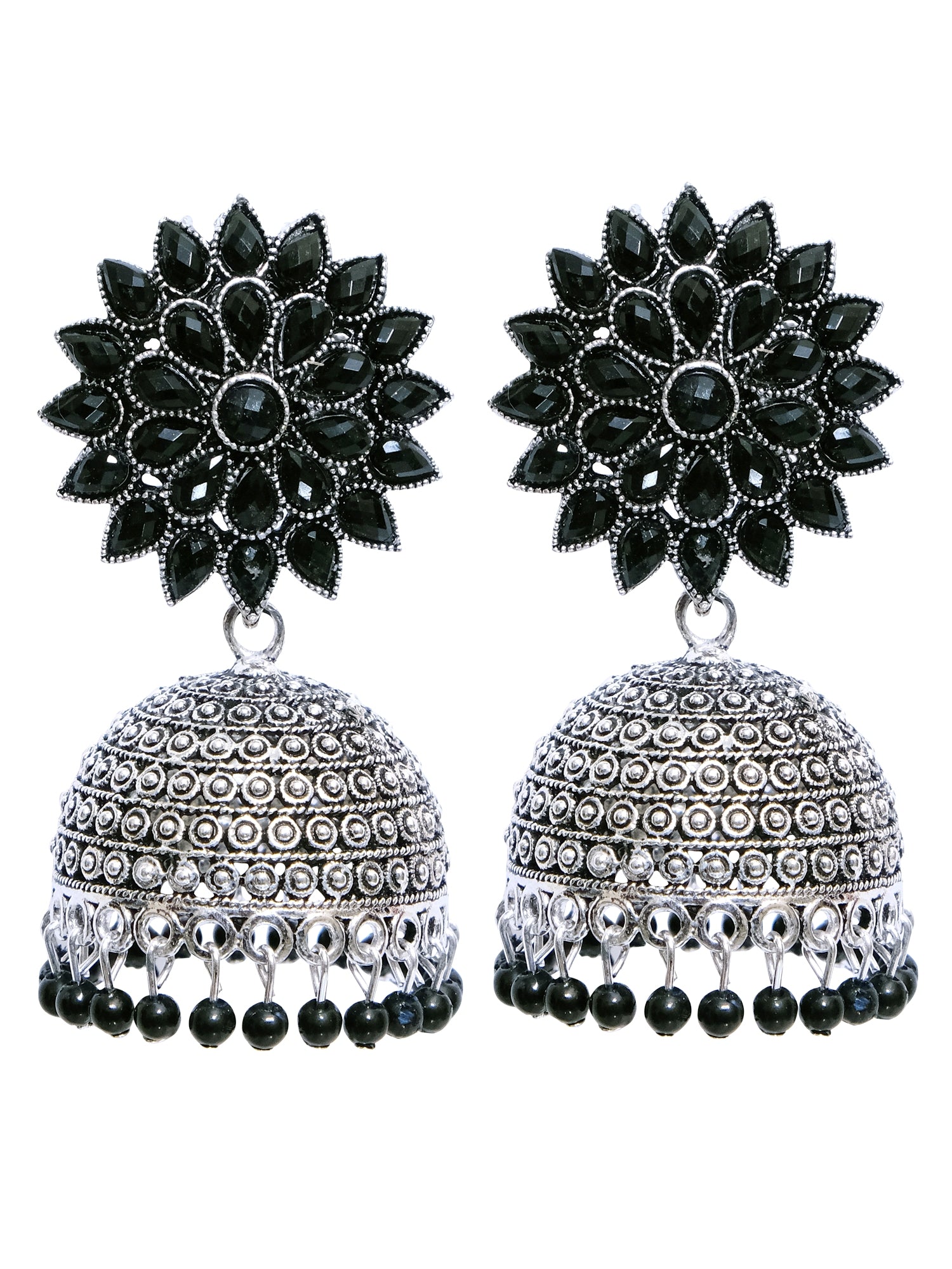 Nisha Oxidised Jhumkas - Oxidised Silver Floral Jhumki Earrings for Women
